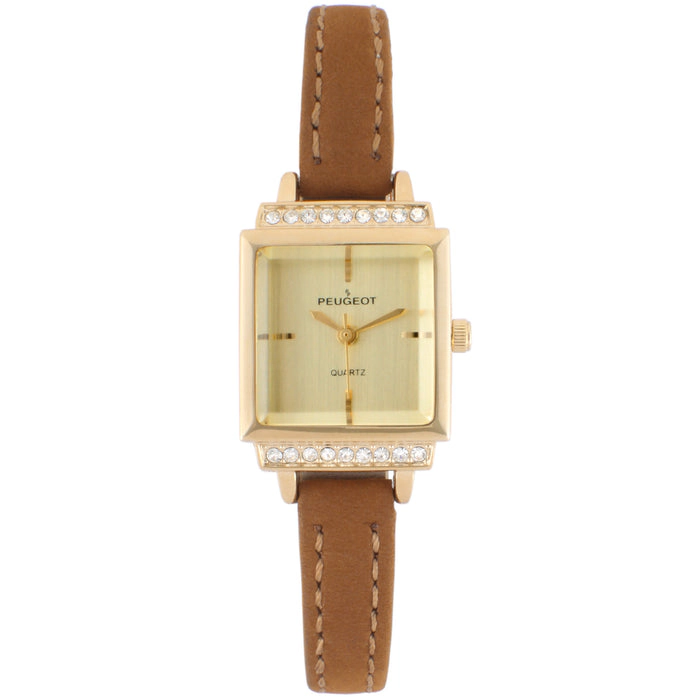 Peugeot Women's 22mm Crystal Watch Gold Dial & Tan Strap