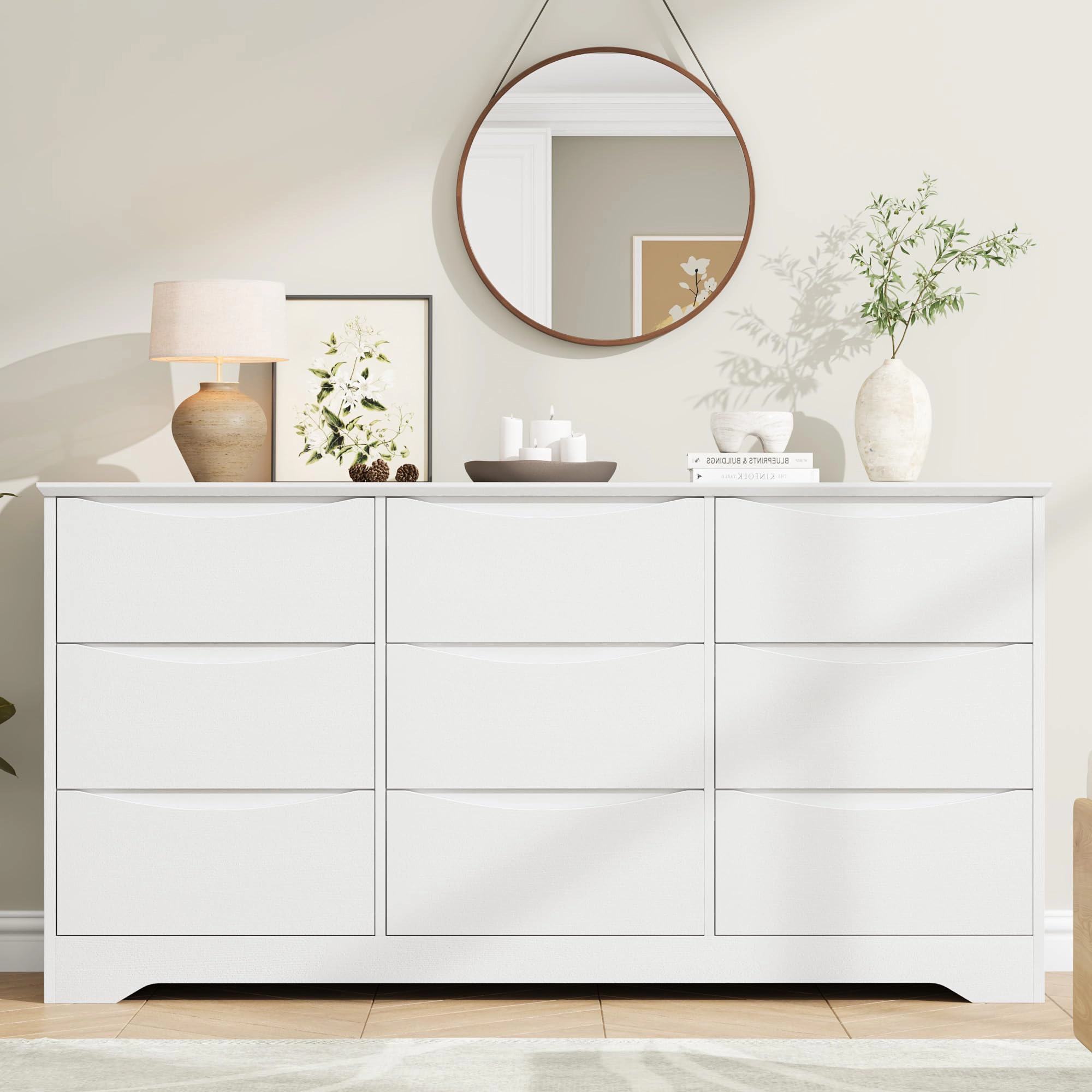 9 Drawer Modern Dresser with Hidden Handles, 59" Wide Large Double Storage Chest for Bedroom Living Room Hallway