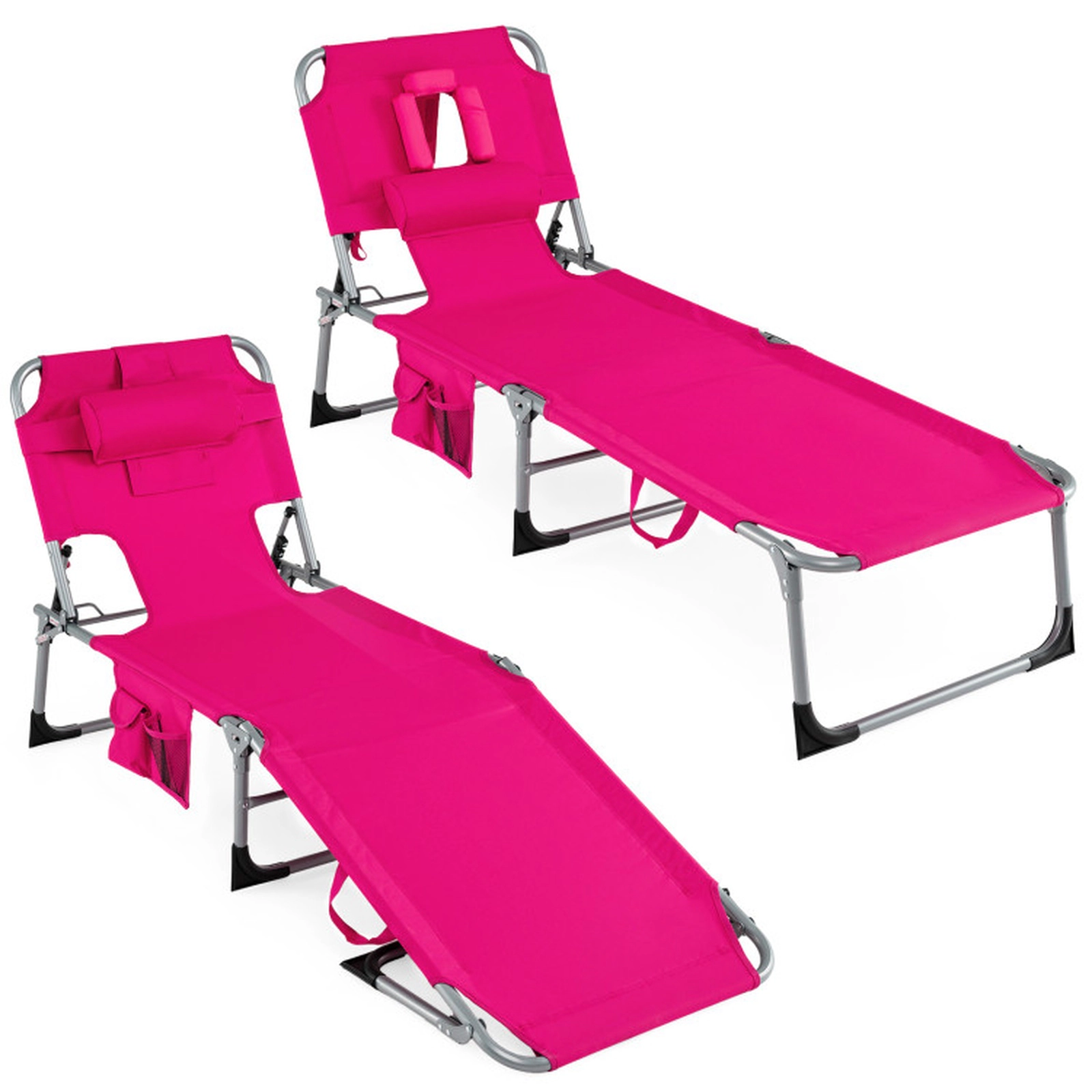 SUGIFT Set of 2 Portable Tanning Chaise Lounge Chairs with 4-Position Adjustable Backrest 330-Lb Capacity Pink
