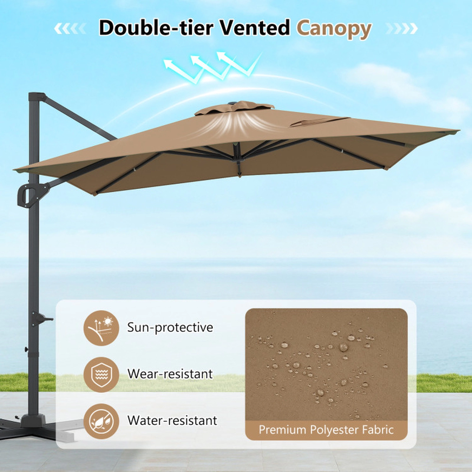 SUGIFT Brown Aluminum Pole and 220 LB Base 11 x 9 FT Offset Hanging Patio Umbrella