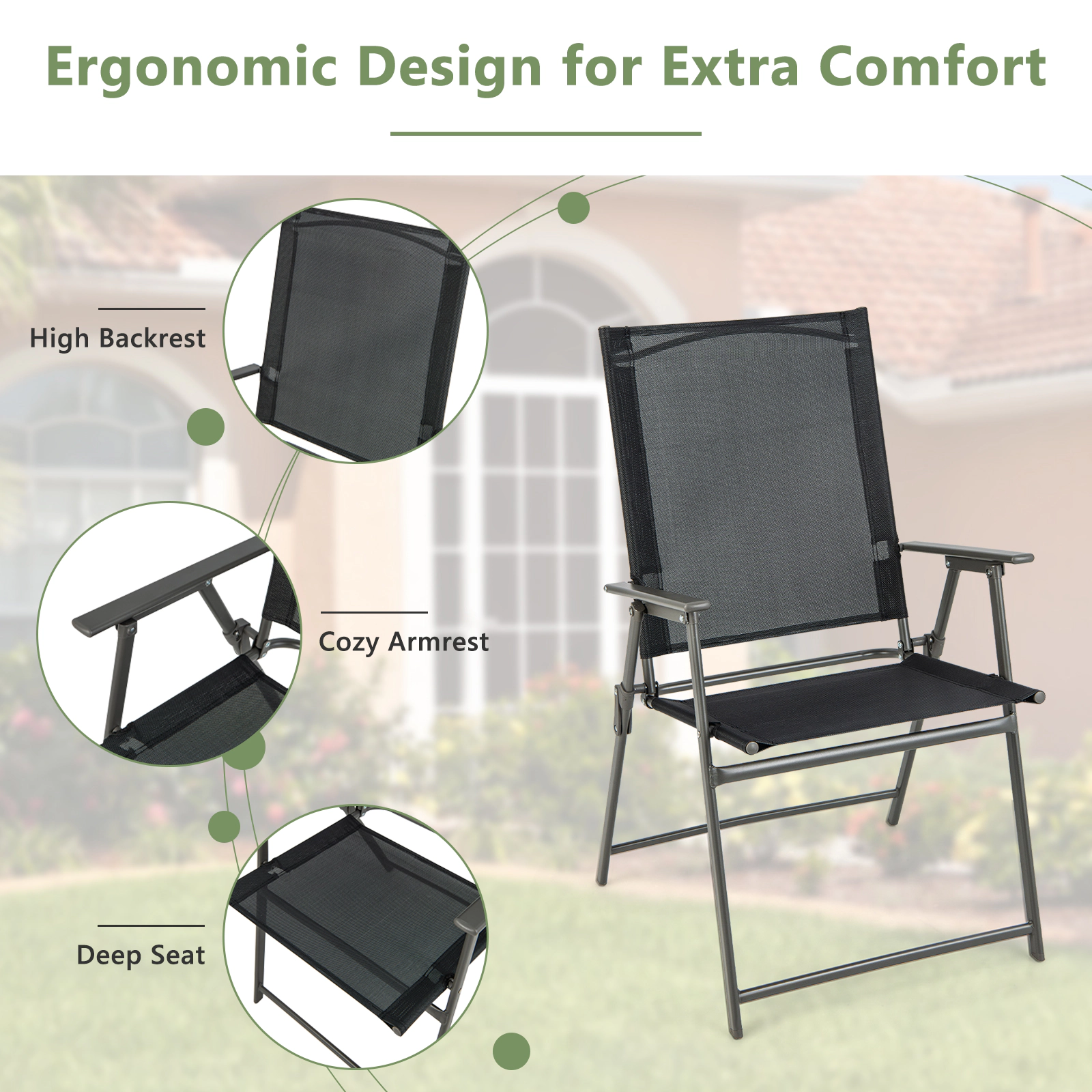 SUGIFT 5-Piece Black Folding Patio Dining Set with 48-Inch Metal Table and 4 Mesh Chairs