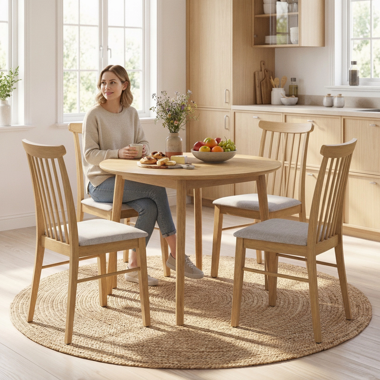 SUGIFT Set of 4 Farmhouse Dining Chairs, Armless Upholstered Spindle Back, Natural Rubber Wood