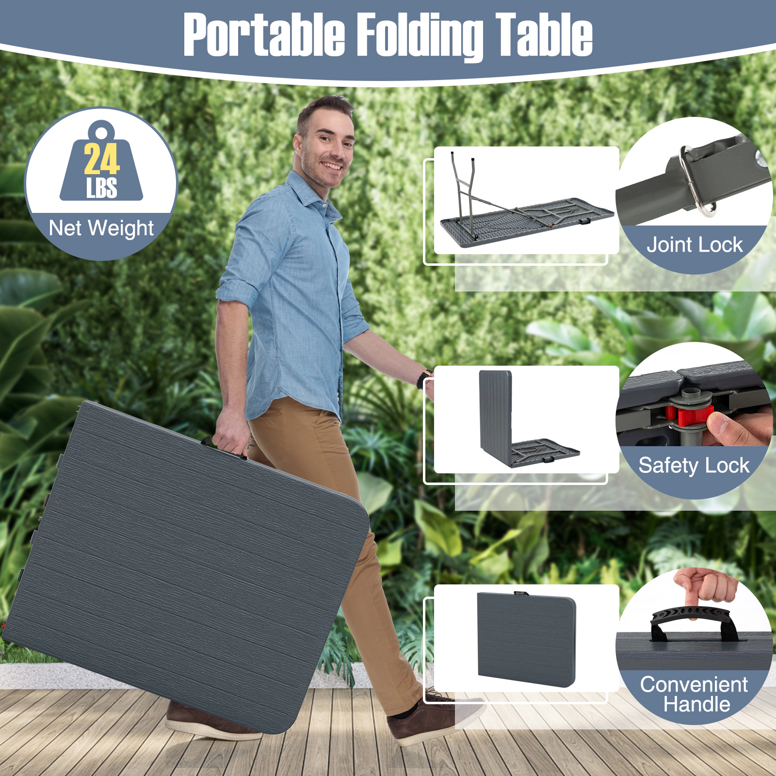 SUGIFT 6-Ft Wood Grain HDPE Folding Table with Safe Lock Mechanism 350-lb Capacity 71 x 29 x 29.5 in Brown/Gray