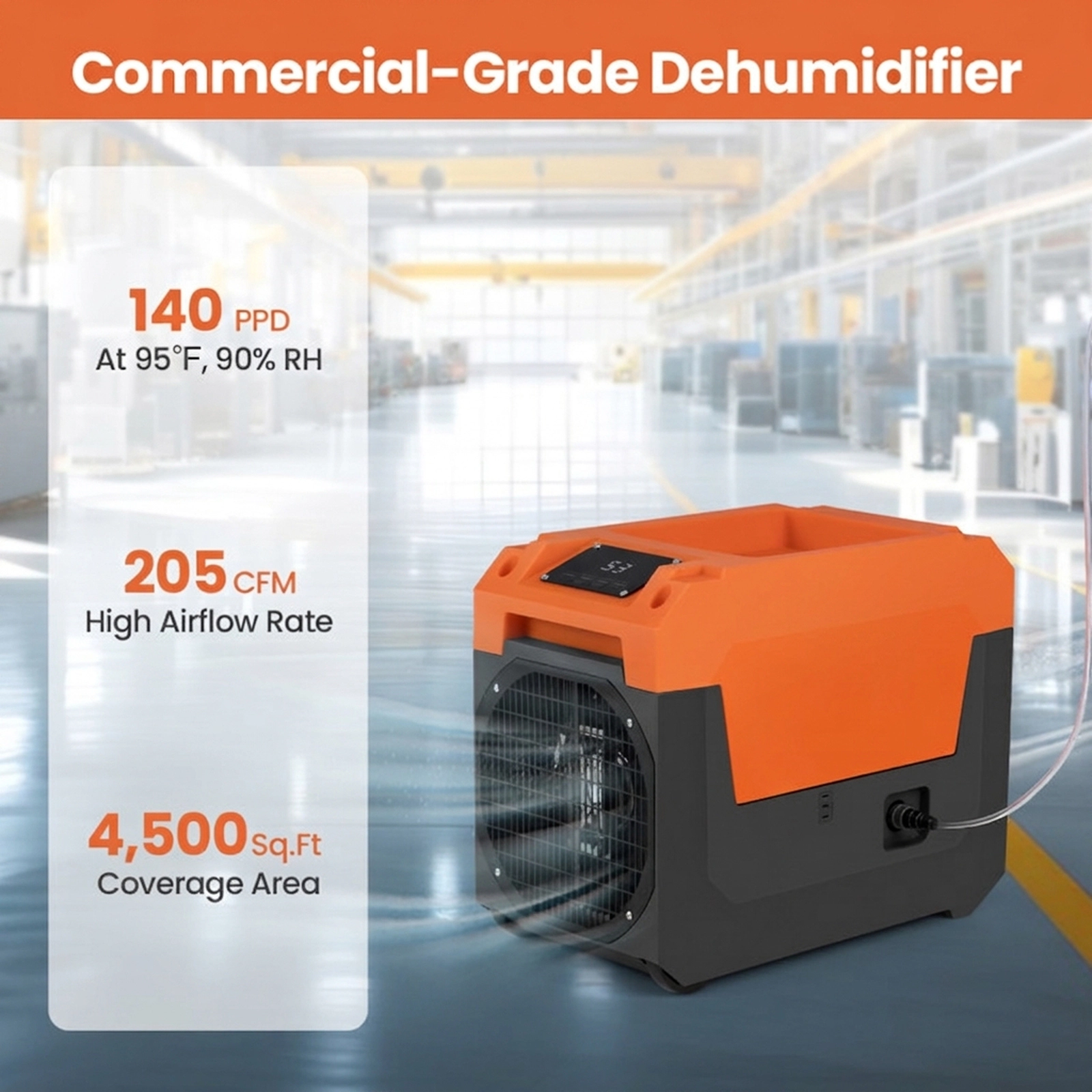 SUGIFT 140-Pint Commercial Dehumidifier with Pump and 16.5-ft Drain Hose for 1800 Sq Ft Spaces Orange