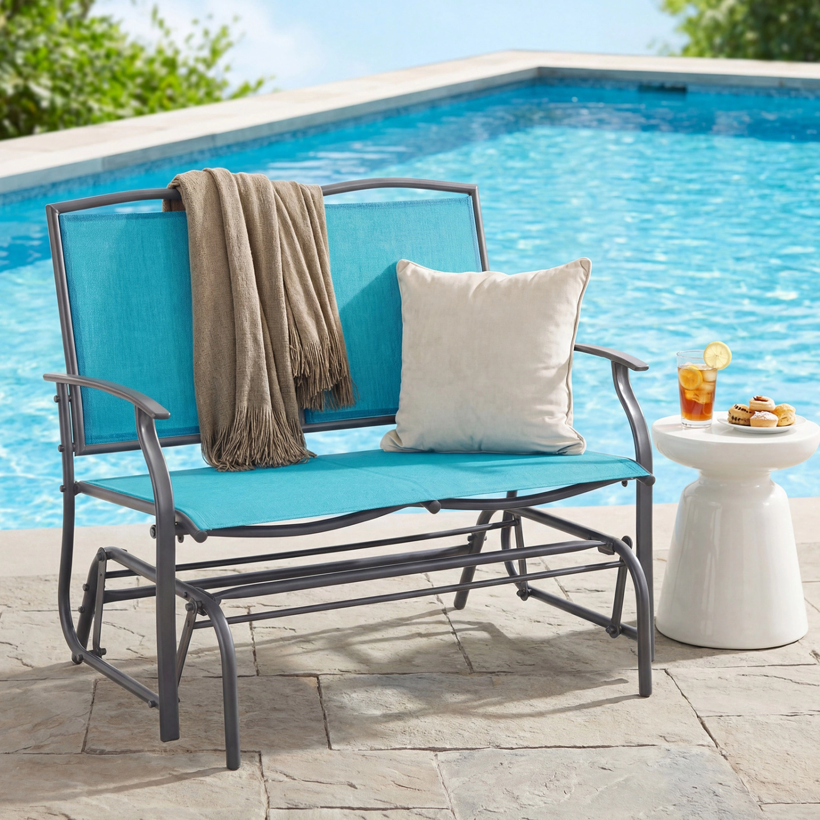 SUGIFT Turquoise 2-Person Steel Outdoor Patio Rocking Loveseat with Textilene Seat and Back