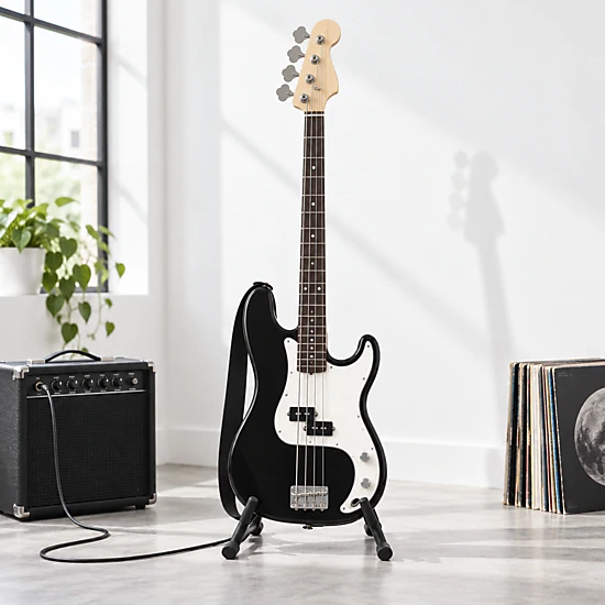 SUGIFT Black 4-String Full Size Electric Bass Guitar with Solid Paulownia Body and Maple Headstock 7.7-lb Weight