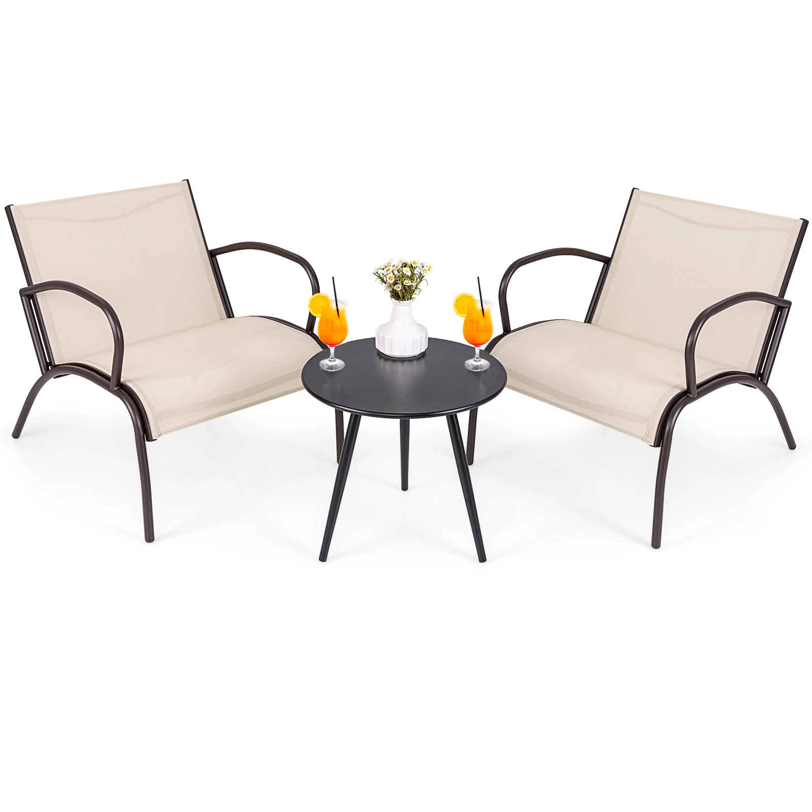 SUGIFT 3 Piece Patio Aluminum Wide Armchair and Coffee Table Conversation Set 400-lb Chair Capacity Black Light Brown