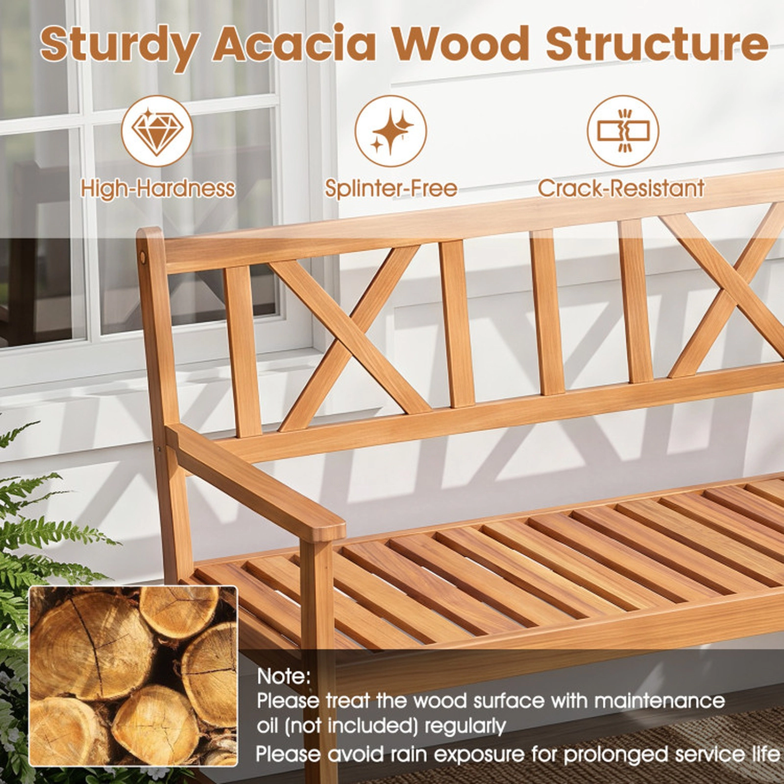 SUGIFT 2-Person Acacia Wood Patio Garden Bench with Armrests and X-Shaped Backrest 800-lb Capacity Natural