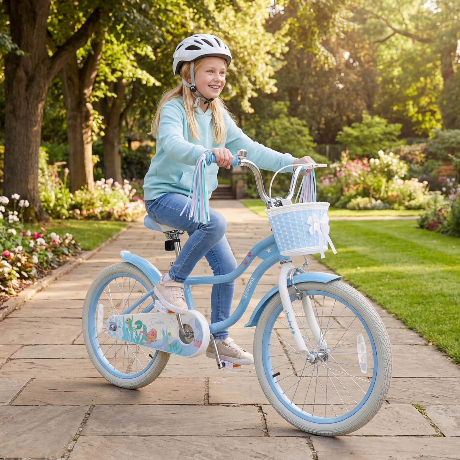 20-in Kids Bike for Ages 8+ with Kickstand Removable Basket Streamers and Hand Brake Mermaid Graphics Bicycle
