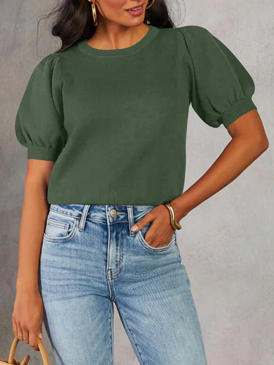 KOJOOIN Women's Puff Short Sleeve Tops Crew Neck Outfits Casual T Shirts Clothing Sweaters