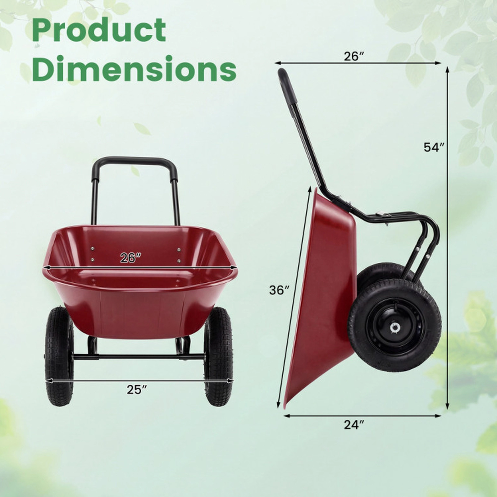 SUGIFT Steel 2-Tire Utility Dolly Garden Cart Wheelbarrow 54-in Frame 22-lb Net Weight Patio Warehouse Farm Use Red