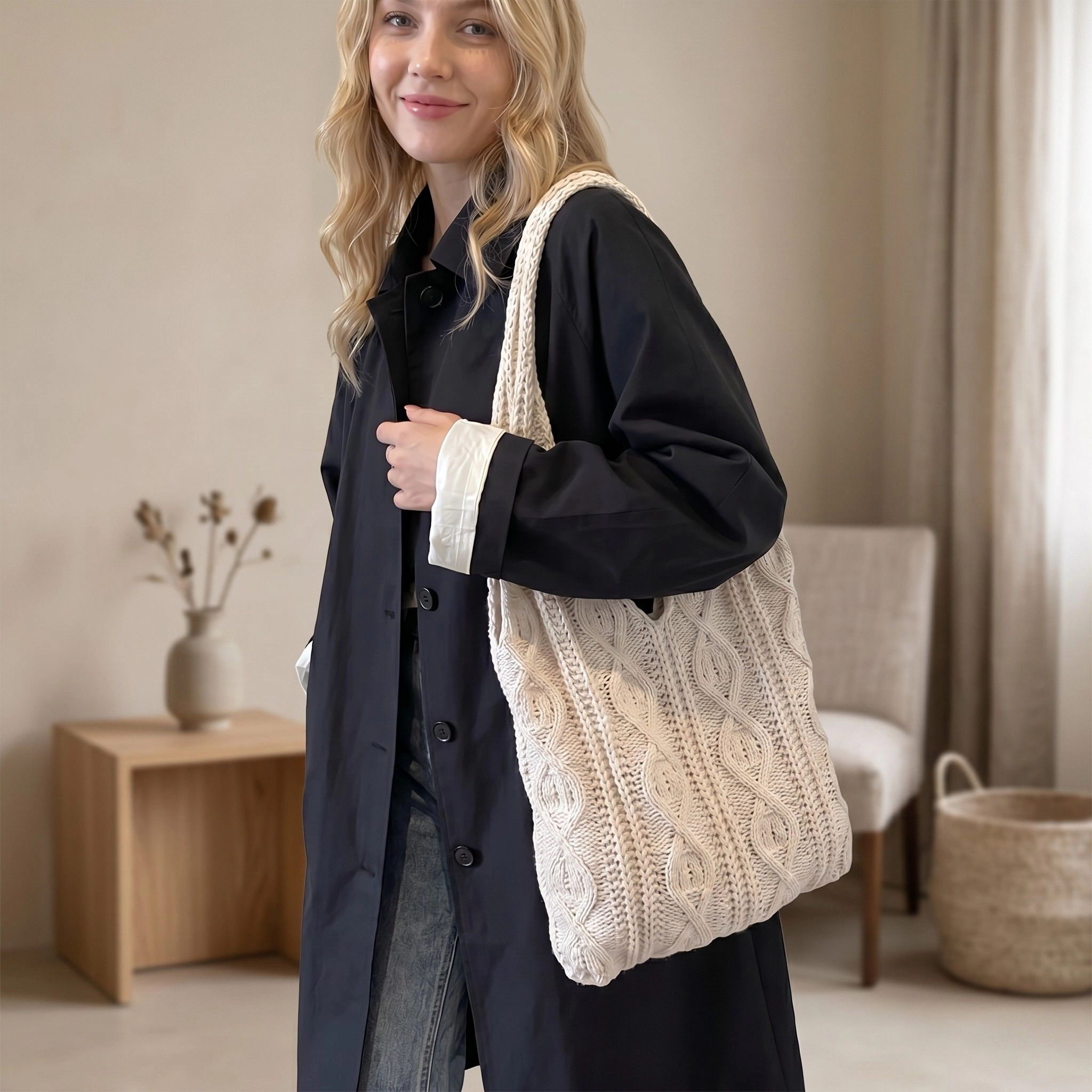 Alilang Women's Cable Knit Shoulder Tote Bag Soft Textured Slouchy Lightweight Everyday Carryall, Beige