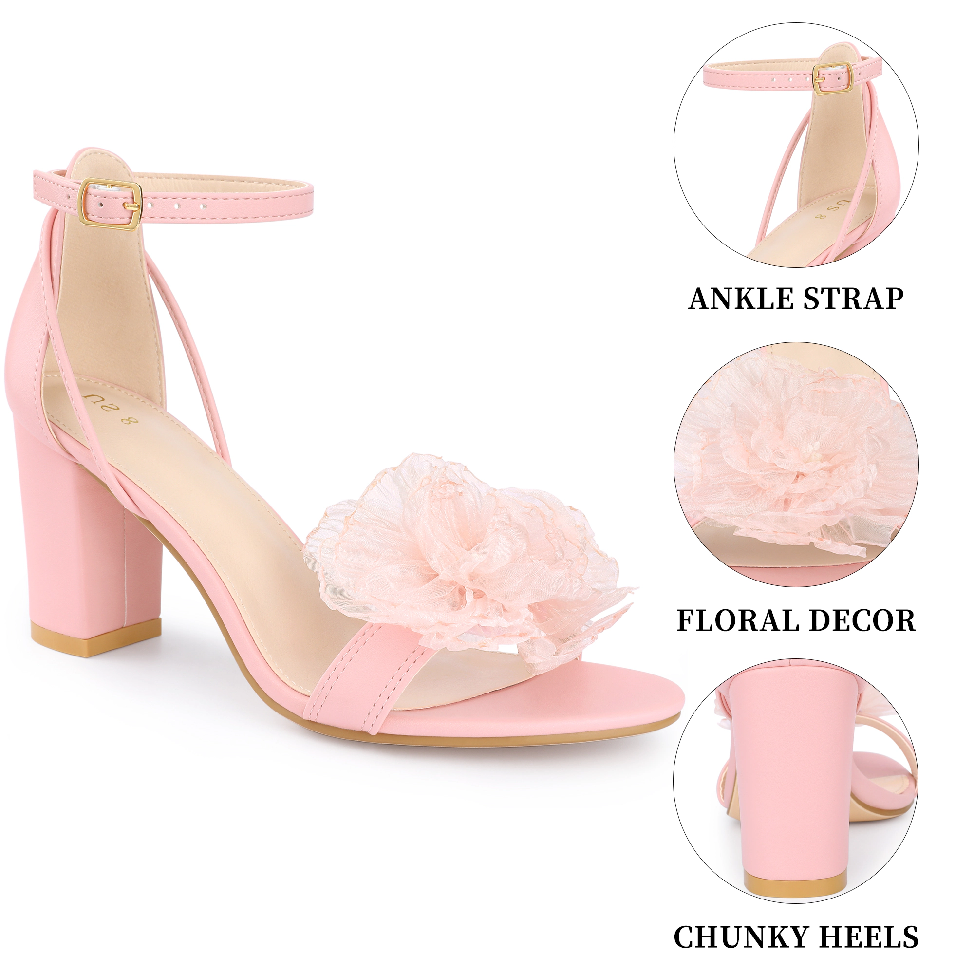 BLISSFUL STEP Women Faux Leather Floral Open Toe Ankle Strap Block Heel Sandals