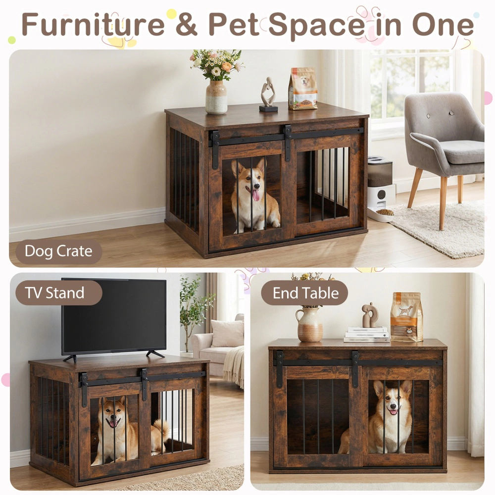 SUGIFT Rustic Brown Dog Crate Furniture Kennel with Space-Saving Sliding Barn Door and Metal Side Slats