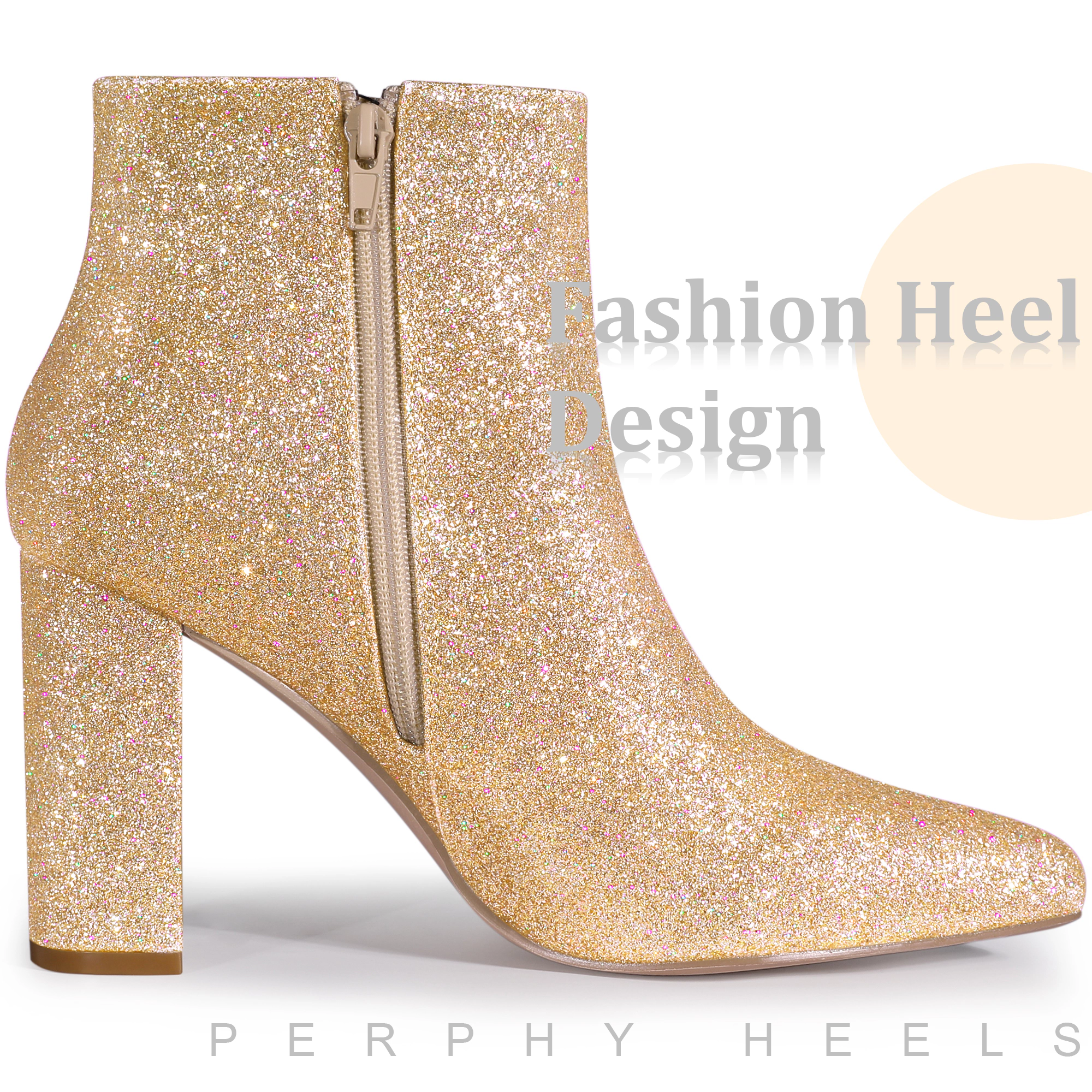 BLISSFUL STEP Women's Pointed Toe Chunky Heels Glitter Ankle Boots