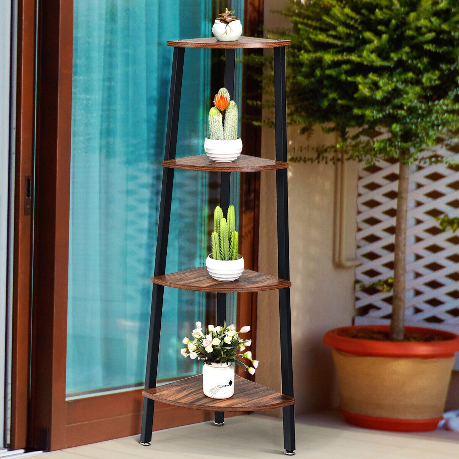 SUGIFT Black 4-Tier Corner Shelf Metal Storage Rack Ladder Bookcase