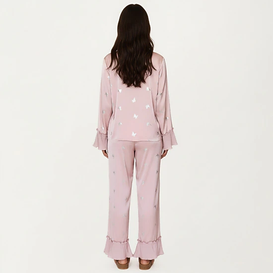 Anna-Kaci Women's 2-Piece Satin Pajama Top with Piping Detail and Ruffled Cuffs Paired with Matching Pants