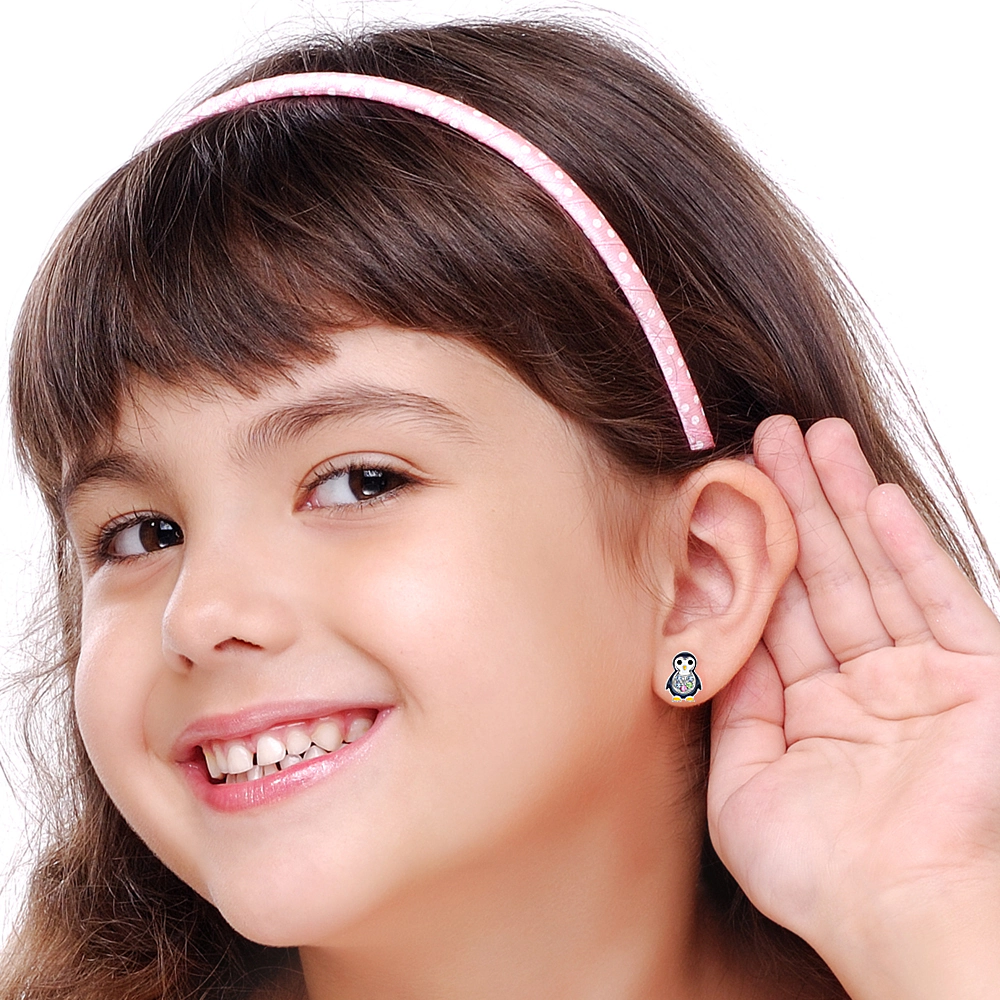 Chanteur Girls Penguin Crystal Stud Earrings - White Gold Palladium Plating, Screw Back