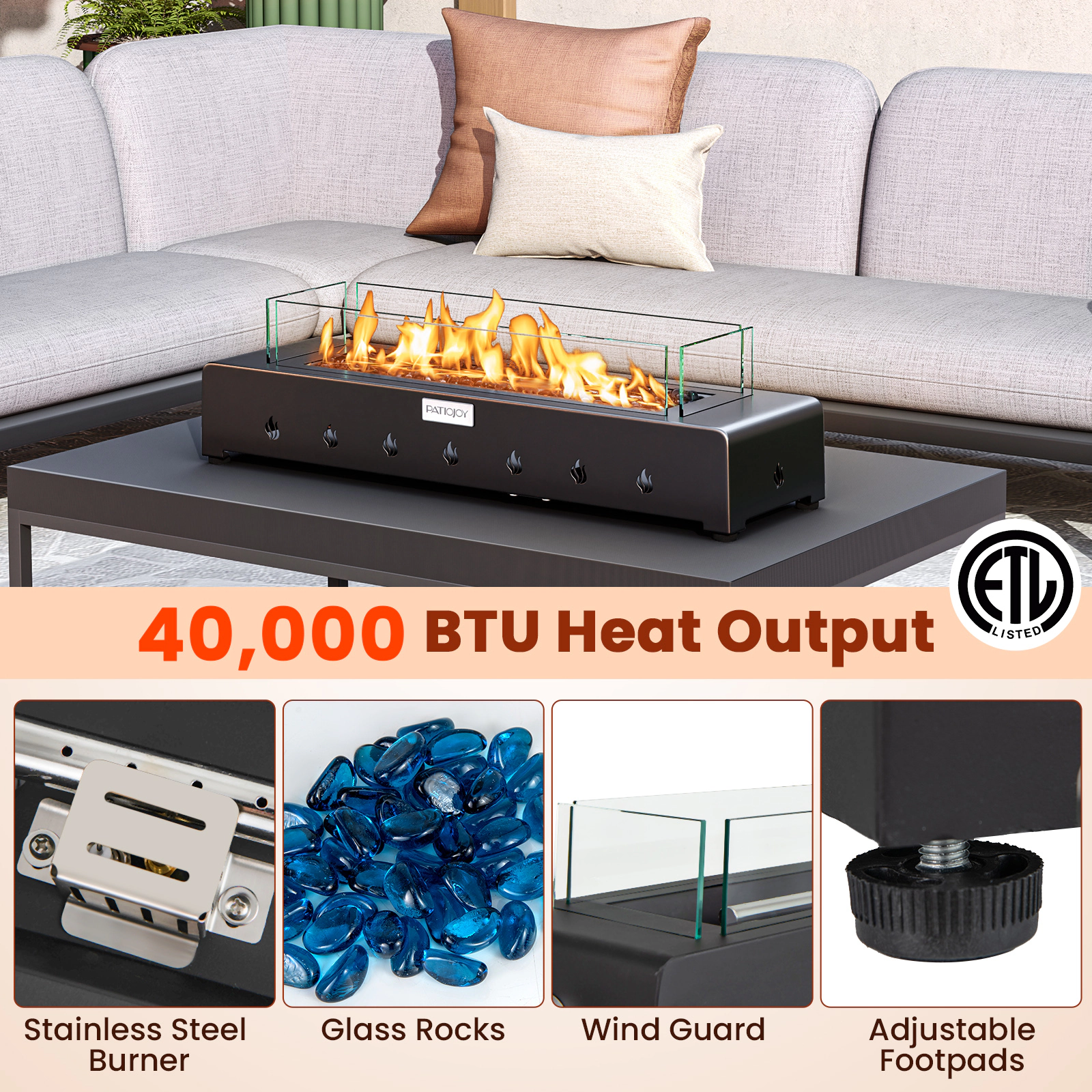 SUGIFT Mini Tabletop Gas Fireplace Fire Pit with Wind Guard Stainless Steel Burner 40,000-BTU 20-lb Propane Tank