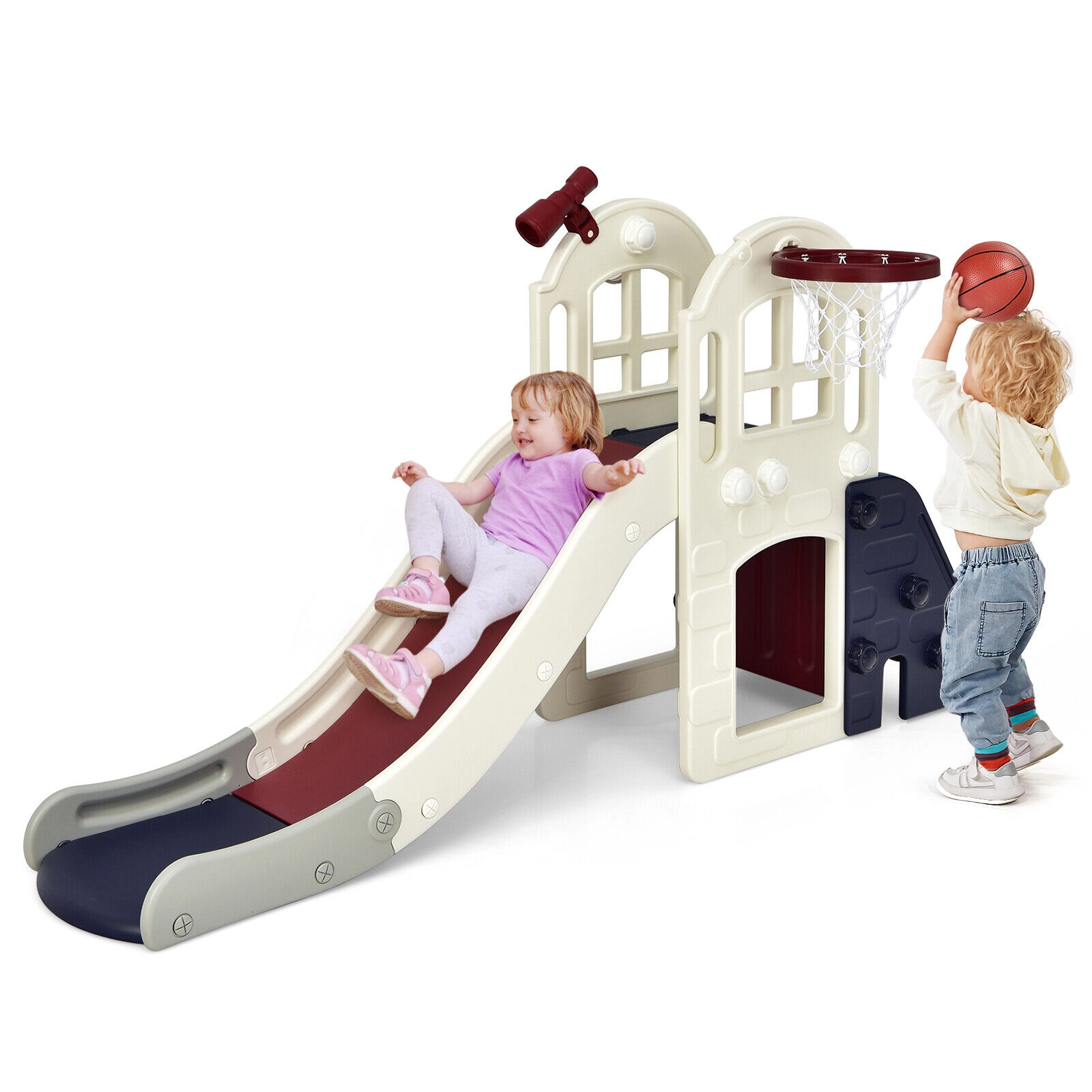 LJG 6-In-1 Large Slide for Kids Toddler Climber Playset with Basketball Hoop