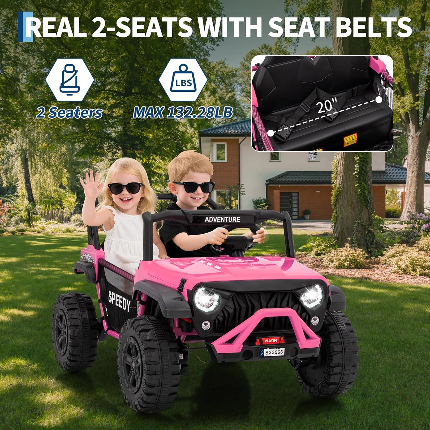 Enjyam 24V 2-Seater Kids Ride On Truck, 4WD Electric Vehicle w Remote,3 Speeds,Suspension,Dual Storage,LED Lights&Music