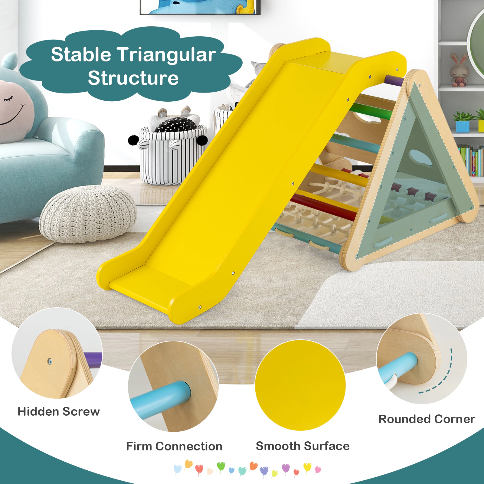 SUGIFT Kids 4-in-1 Triangle Climber with Sliding Board and Climbing Net 24.6-in Tall 132-lb Frame Capacity Multicolor