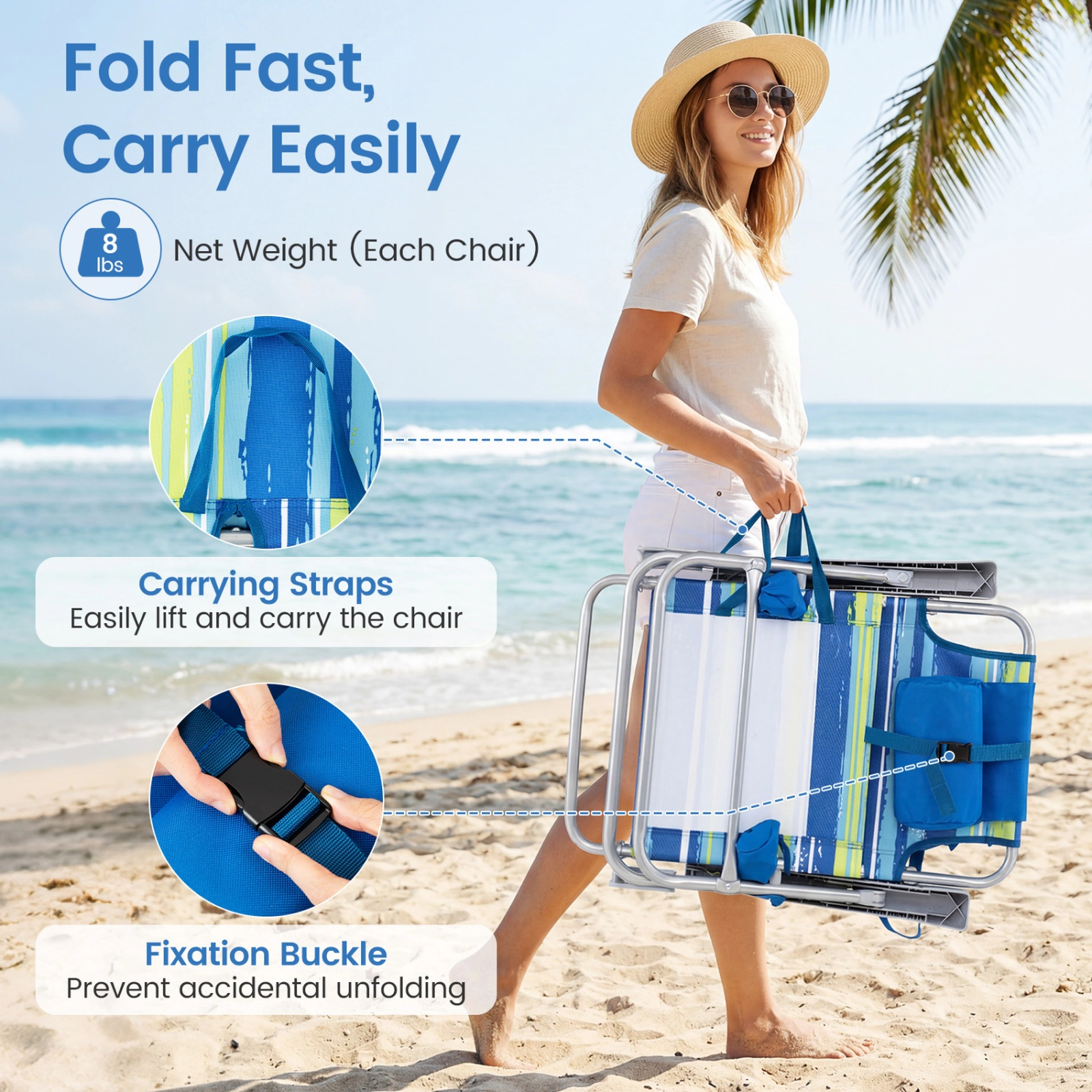 SUGIFT Blue 7-Position Backrest and Cooler Bag 2-Pack Portable Folding Beach Chair