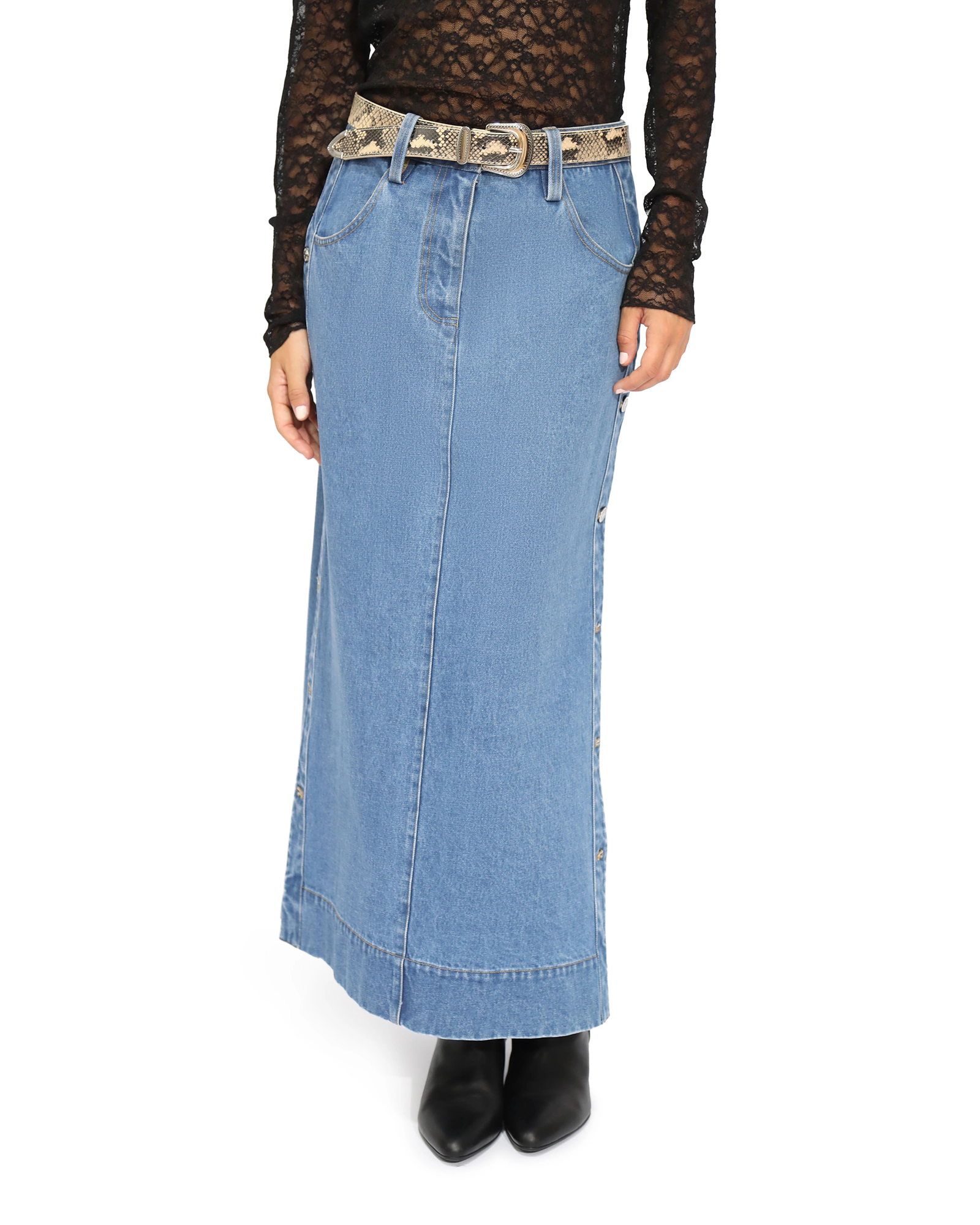 Belle & Bloom Edge Line Denim Maxi Skirt with Side Buttons