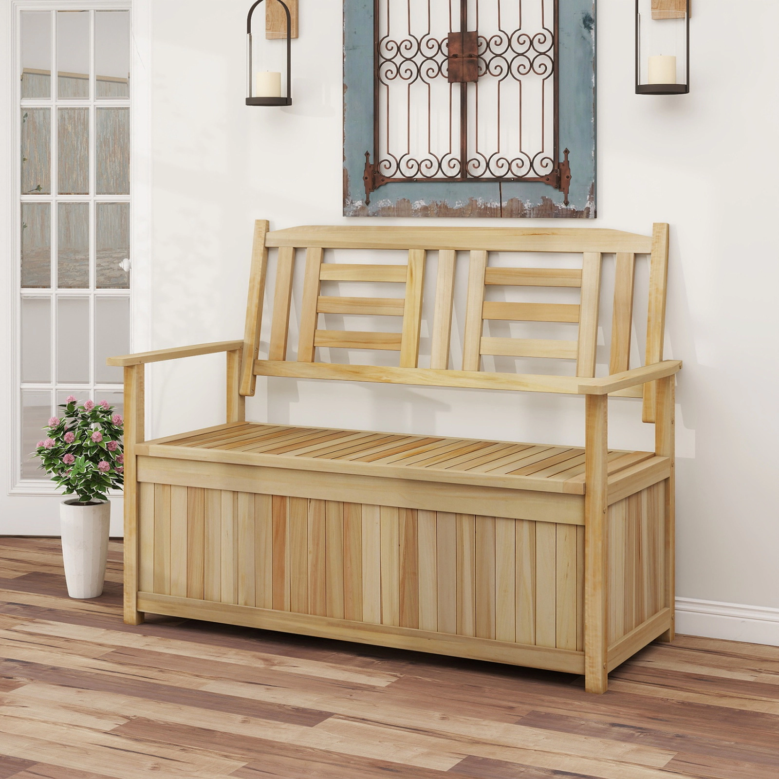 SUGIFT 48.5-In 2-Seat Natural Wood Outdoor Storage Bench, 49-Gal Deck Box, 550-Lb Capacity