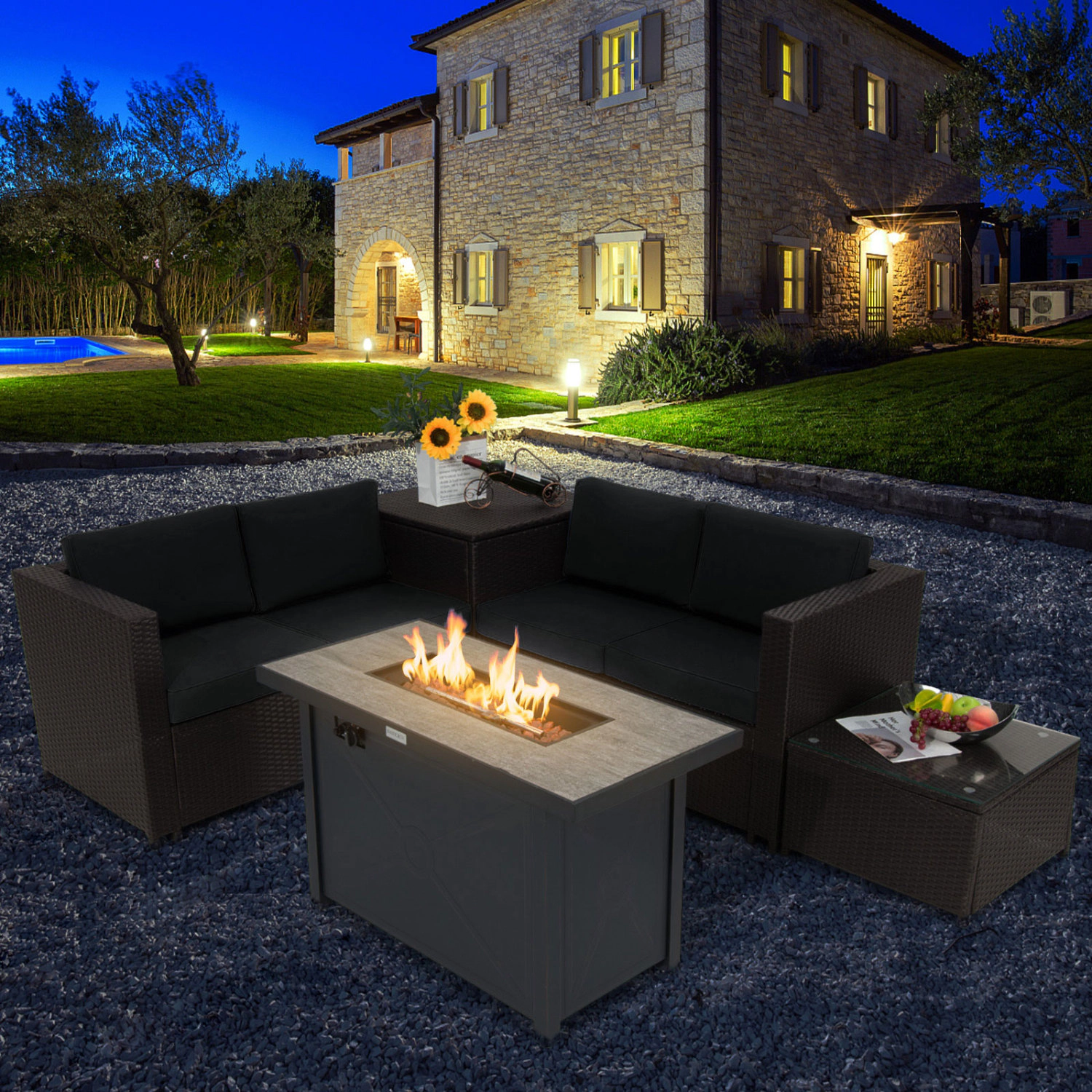 LJG 5-Piece Patio Furniture Set with Propane Fire Pit Table