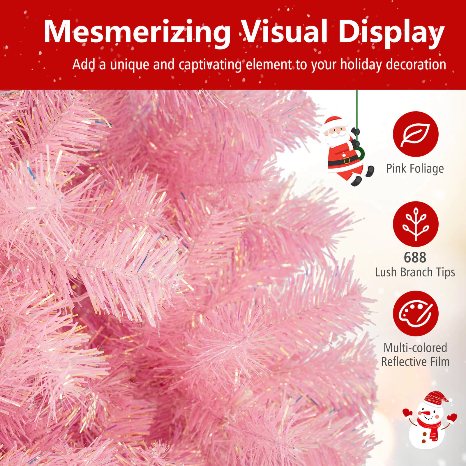 SUGIFT 6-ft Pink Pre-Lit Tinsel Artificial Christmas Tree with Reflective Foil Tips and 8 Lighting Modes