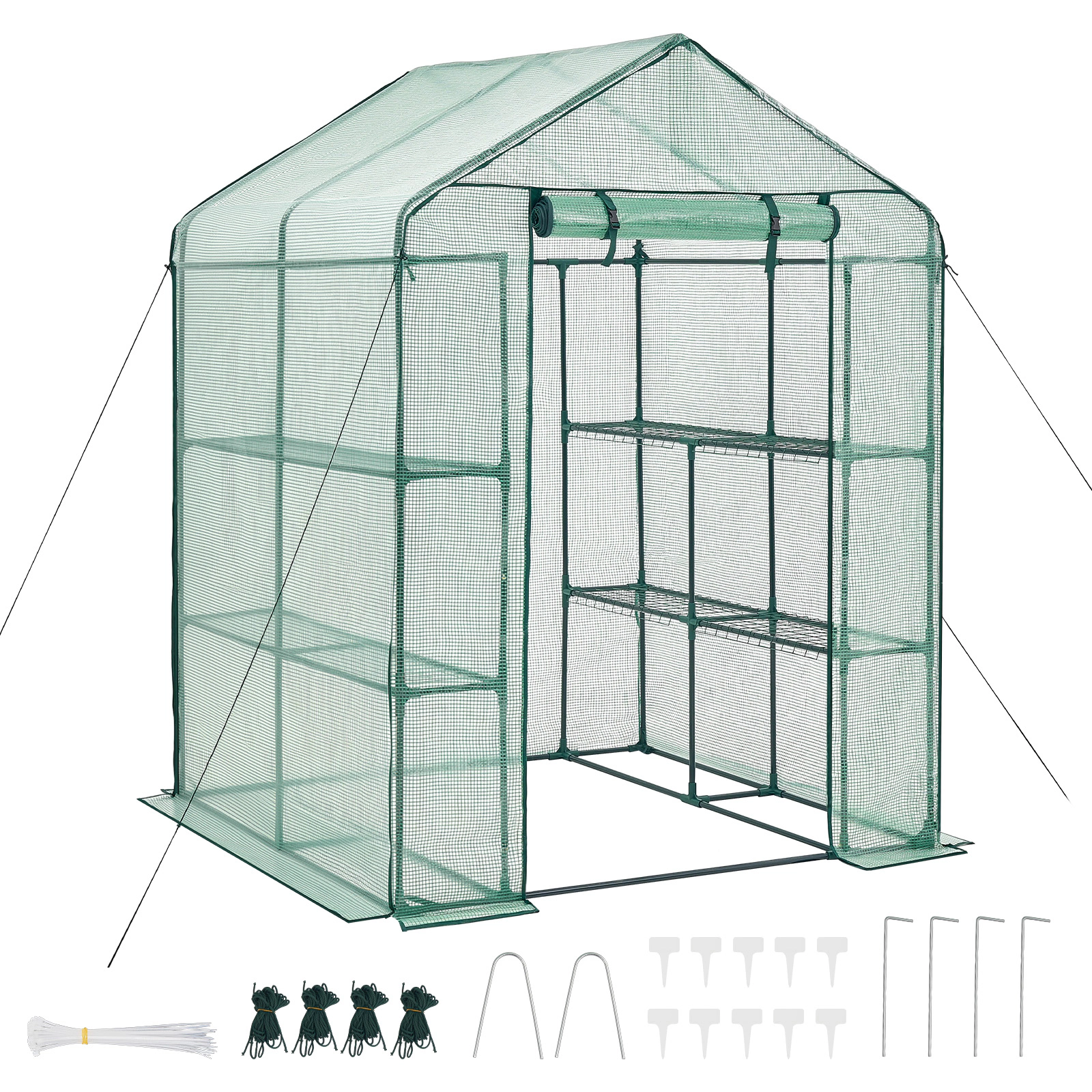 HONGGE Walk-In Greenhouse, 55.5 x 56.1 x 78.7 in, Steel Frame with 8 Shelves & Roll-Up Zipper Door PE Cover