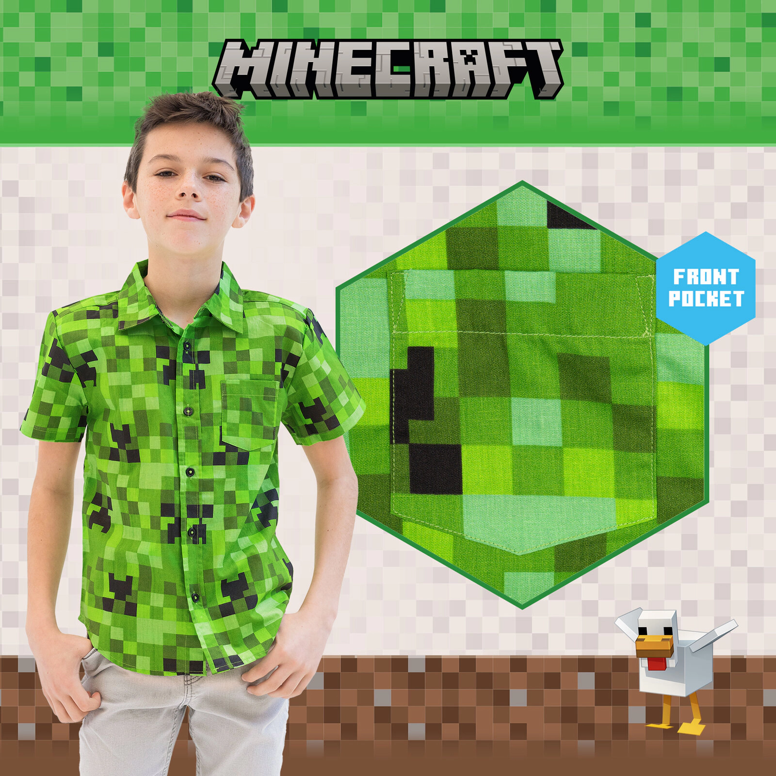 Minecraft Creeper Boys' Short Sleeve Button Down Shirt