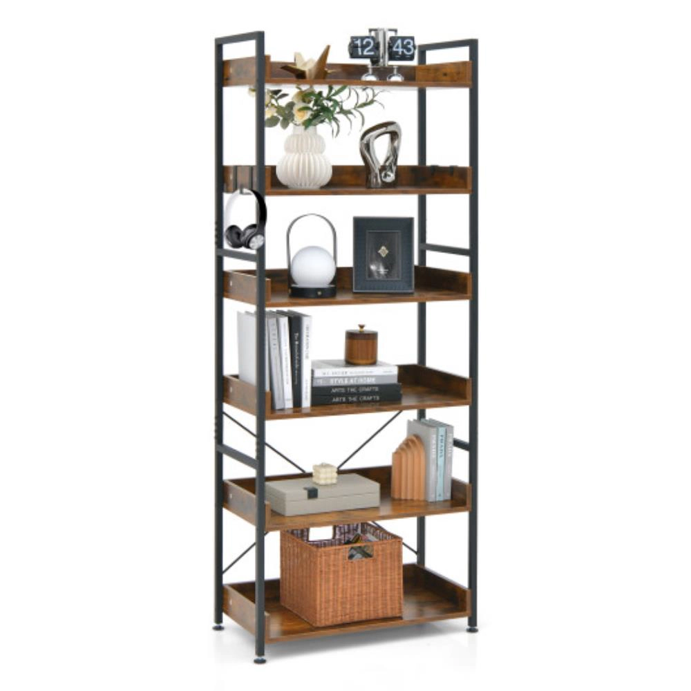 Hivvago 6-Tier Tall Industrial Bookcase with Open Shelves and 4 Hooks-Brown
