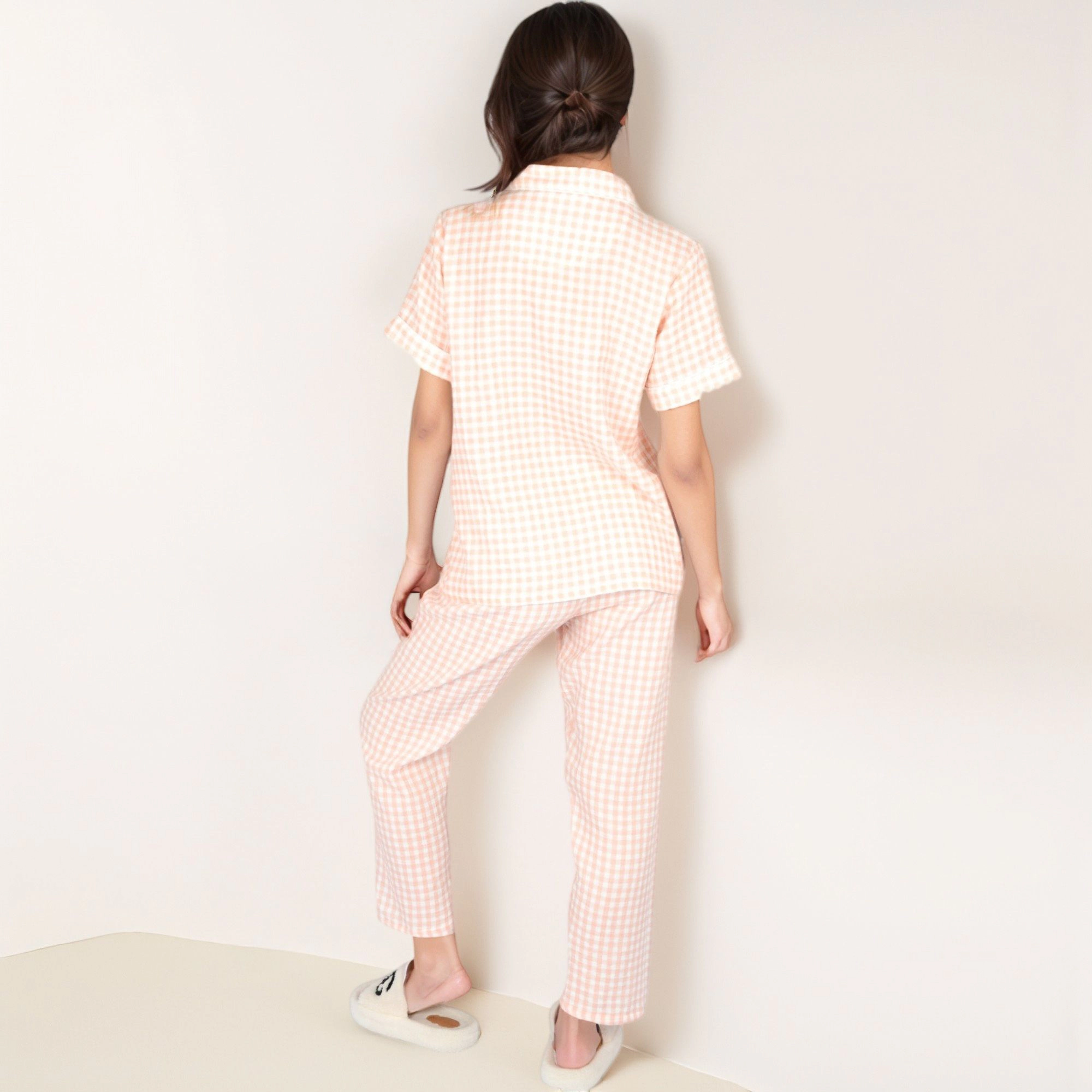 Anna-Kaci Women's Gingham Print Two-Piece Pajama Set with Short Sleeve Button Top and Relaxed Fit Pants