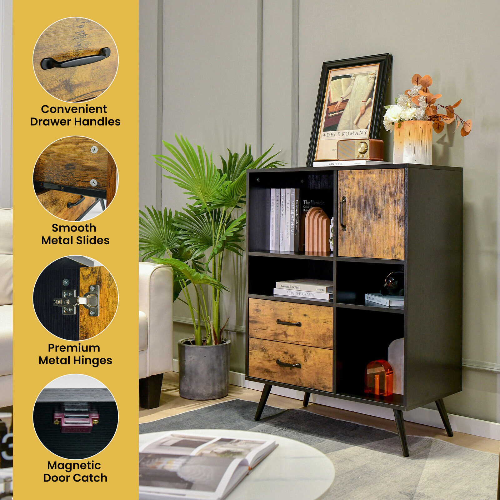 SUGIFT Industrial Buffet Sideboard Kitchen Cupboard with Cubbies and Drawers 110-lb Tabletop Rustic Brown and Black