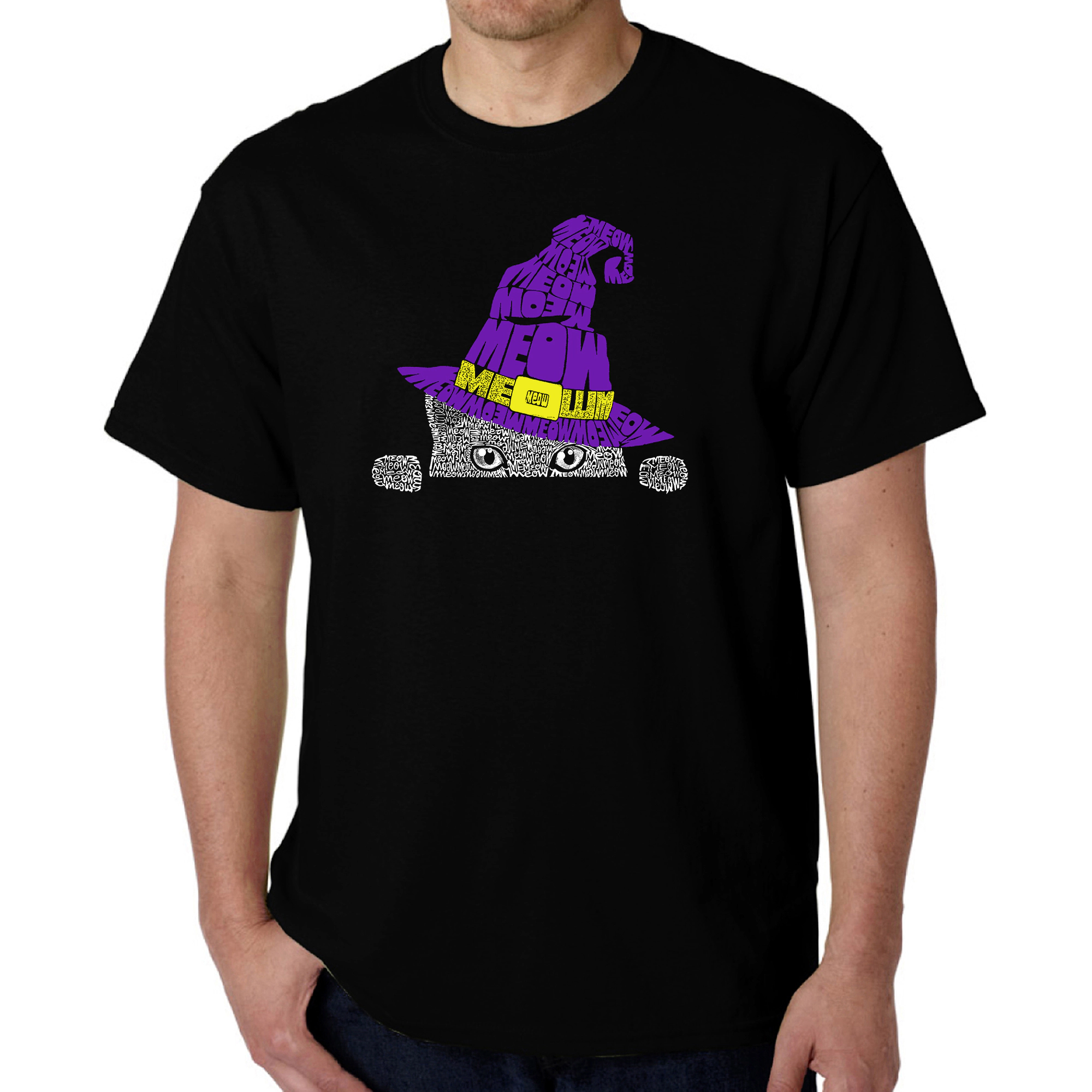 LA Pop Art Men's Peeking Witch Cat Word T-Shirt