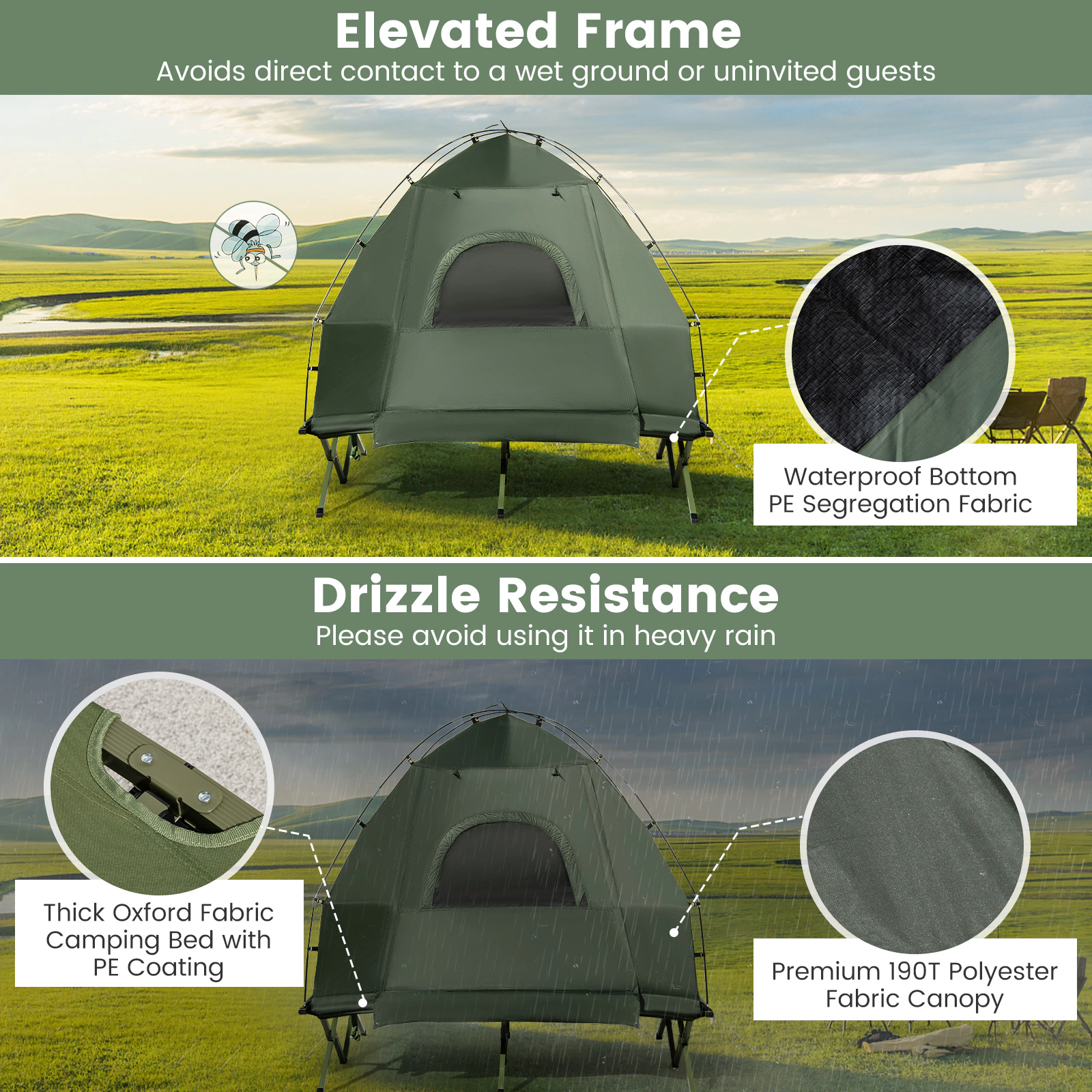 SUGIFT 500-lb Capacity 2-Person Foldable Tent Cot with Air Mattress Sleeping Bag Pillow and Wheeled Bag