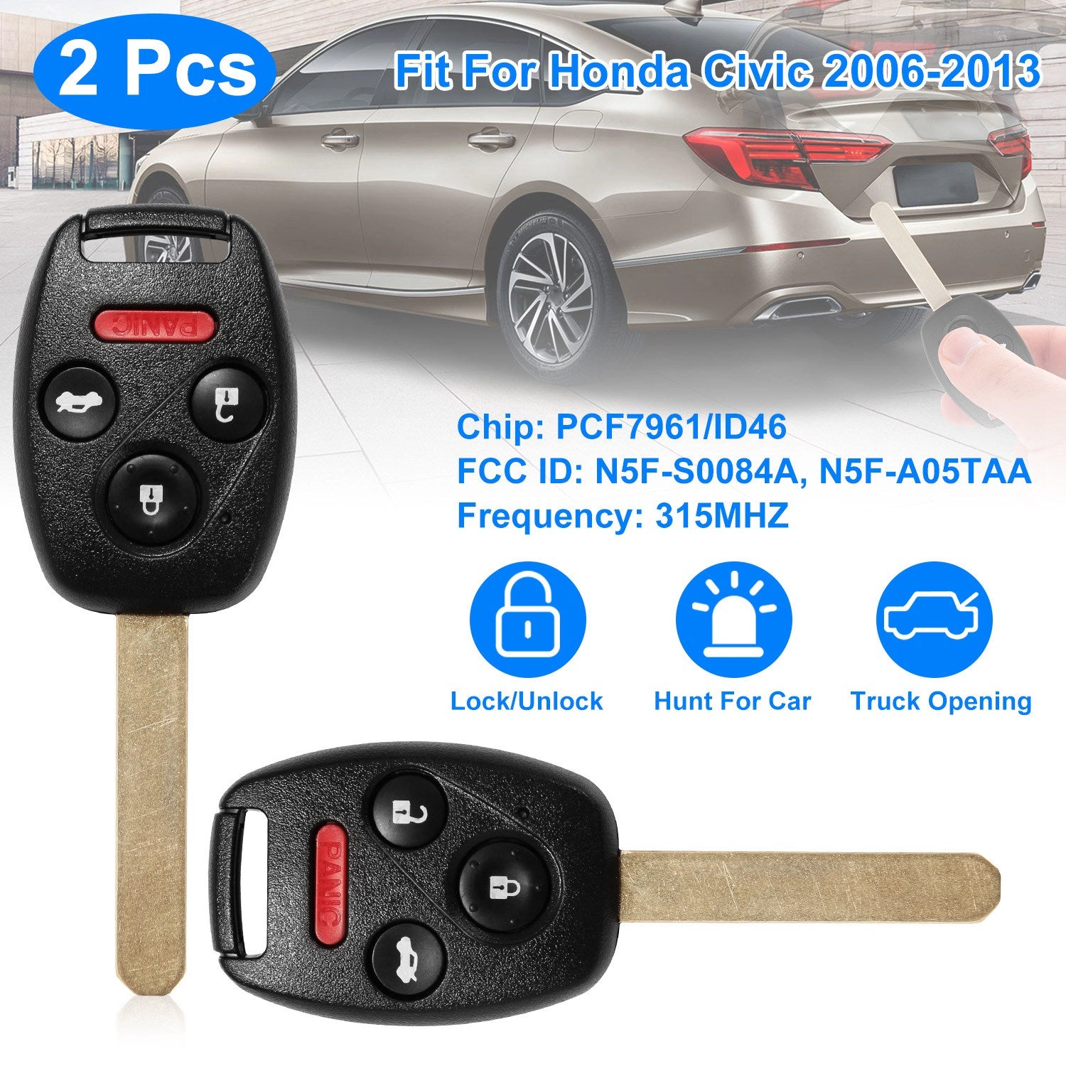 GBruno 2-Piece Remote Key Fob For Honda Civic 2006-2013