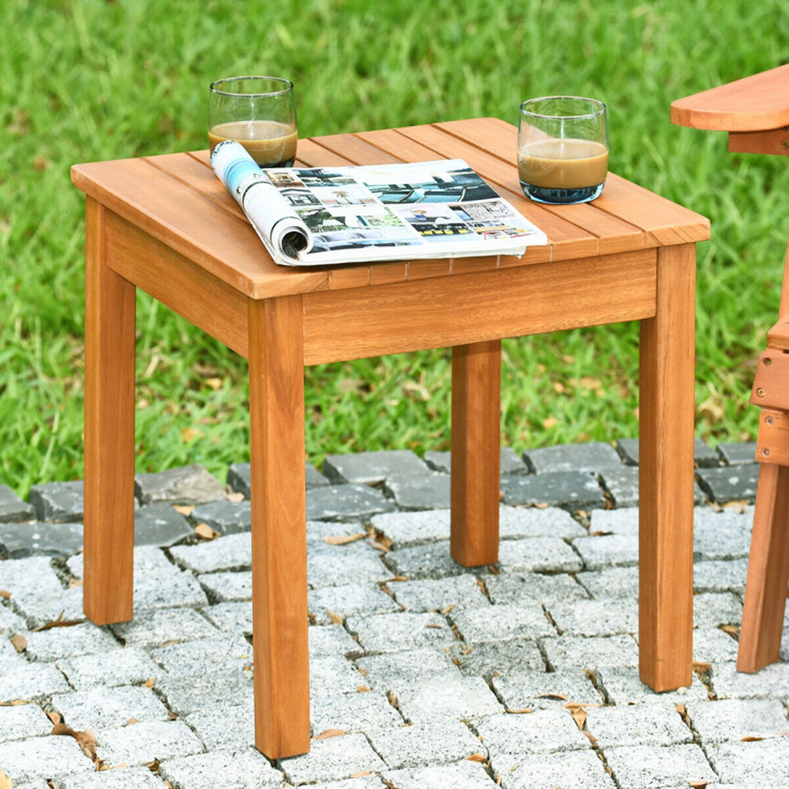 SUGIFT Square Slatted Top Solid Acacia Wood Outdoor Patio Side Table 18-in x 18-in x 16-in 220-lb Capacity Natural