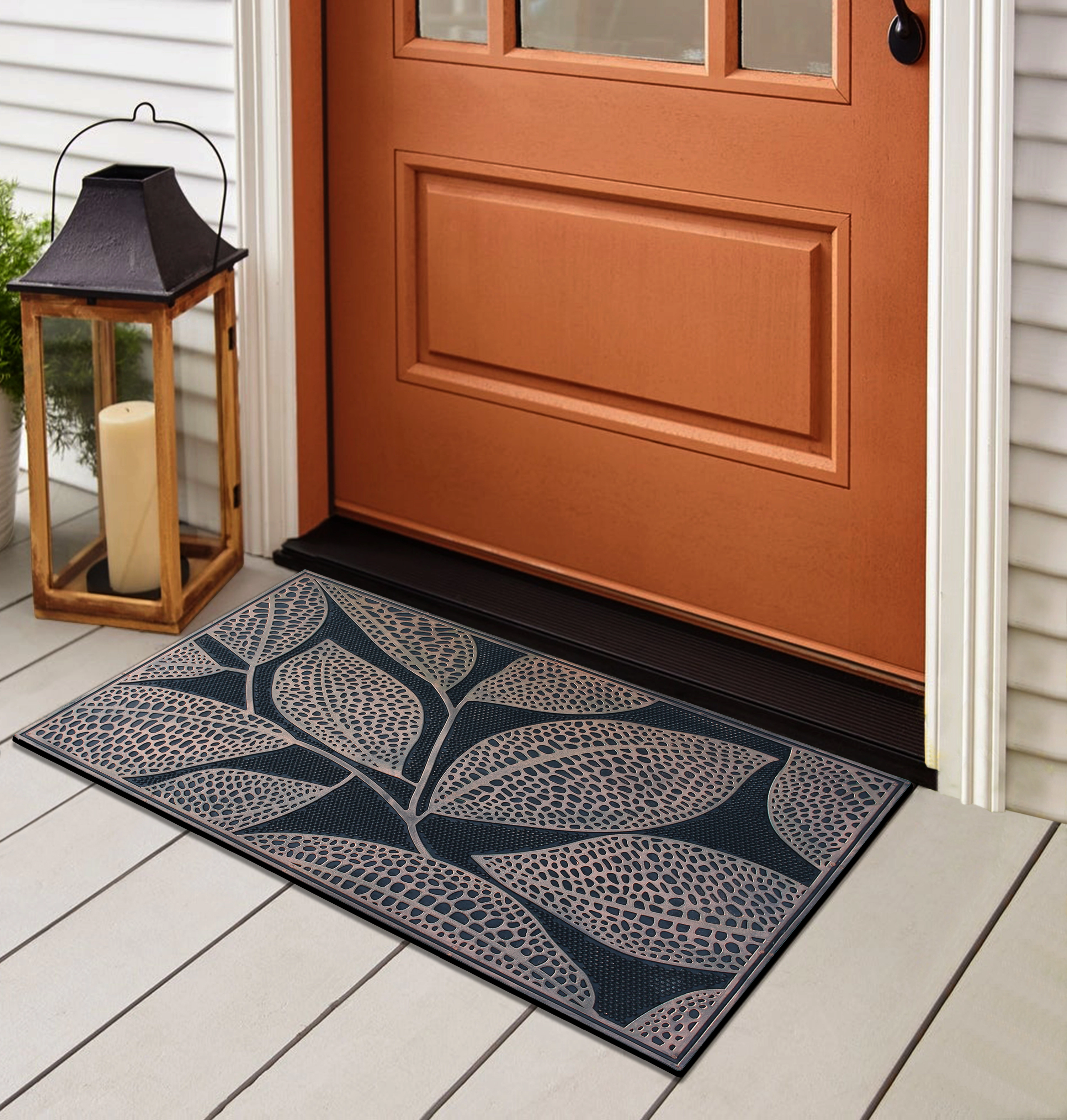A1 Home Collections Pin Mats Copper Leaves Rubber Welcome Doormat Non-Slip Front Door Mat 18 x 30 In