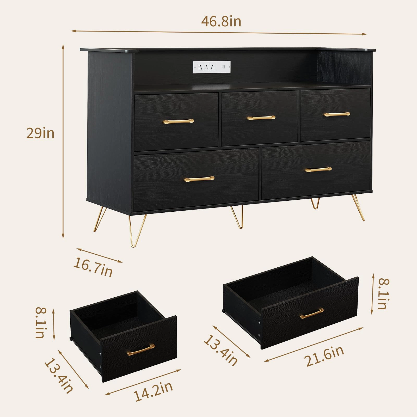 47" 5 Drawer Dresser with LED Lights & Charging Station, Wood Storage Chest
