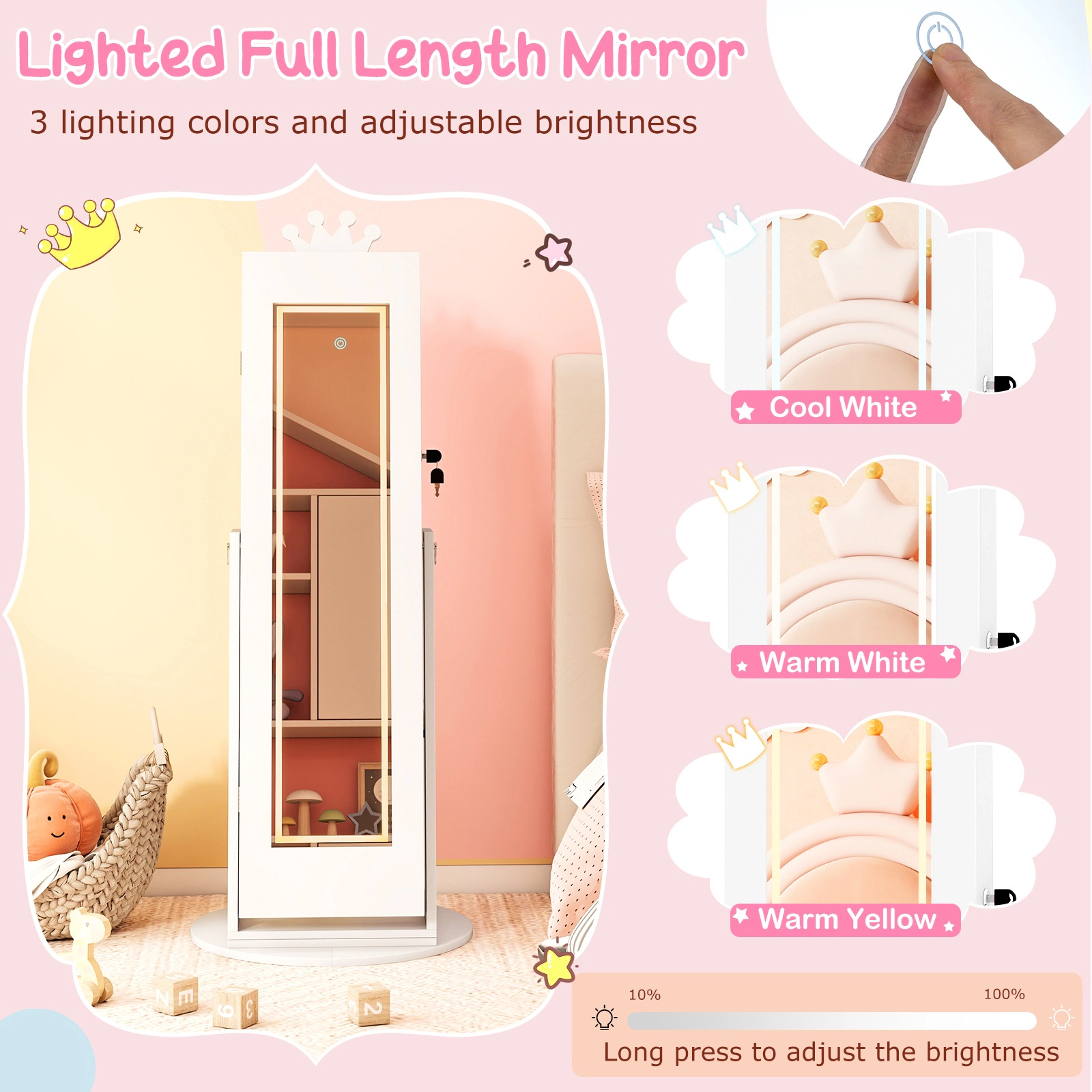 SUGIFT White 360-Degree Rotation Lighted Mirror and Storage Rack 3-in-1 Kids Jewelry Cabinet