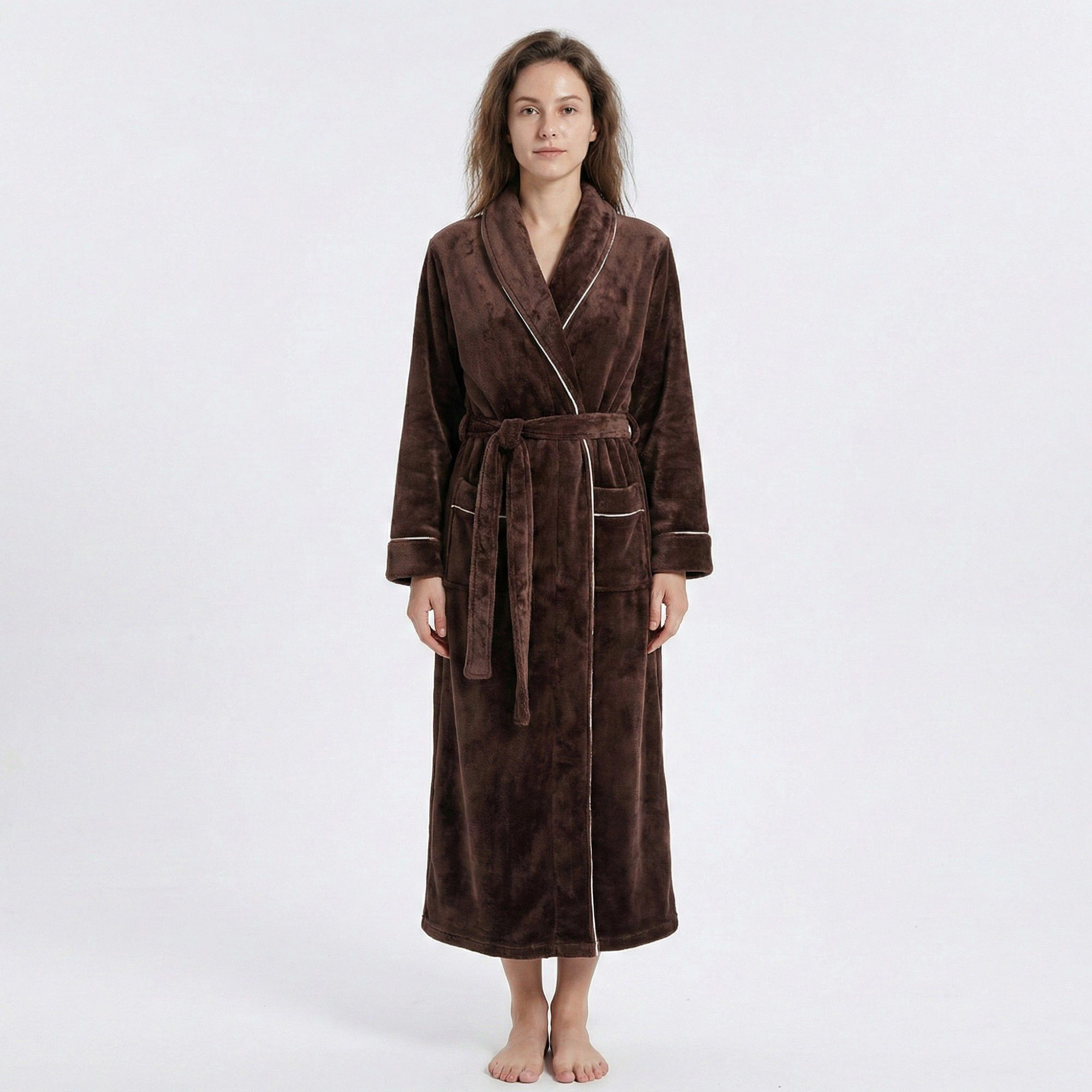 Anna-Kaci Women's Plush Long Sleeve Wrap Bathrobe with Waist Tie Belt and Front Patch Pockets