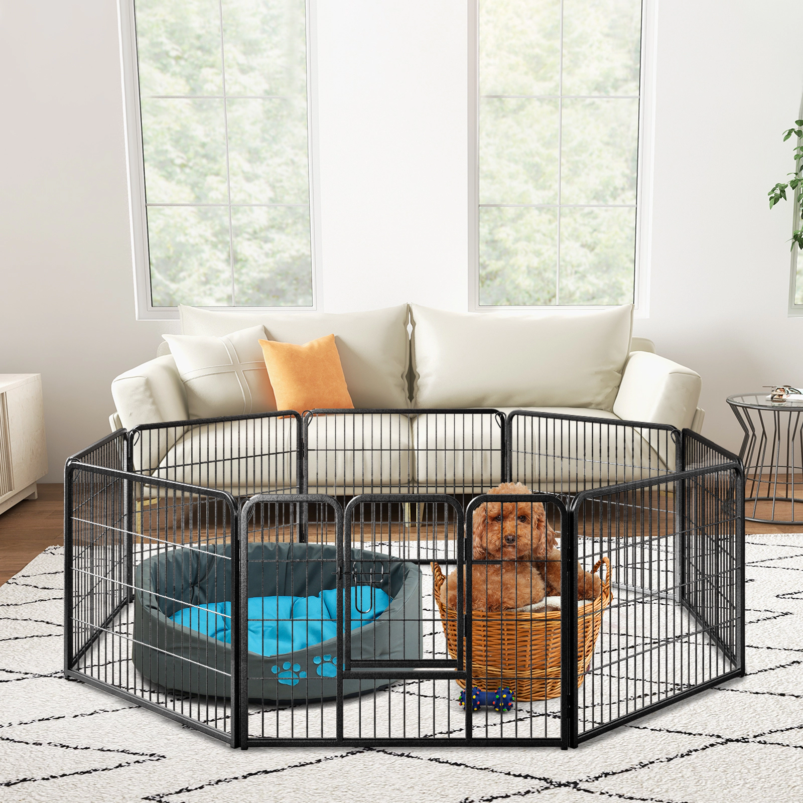 SUGIFT Black 8-Panel 24-in Metal Foldable Dog Playpen Pet Fence with Door and Locking Latch for Indoor