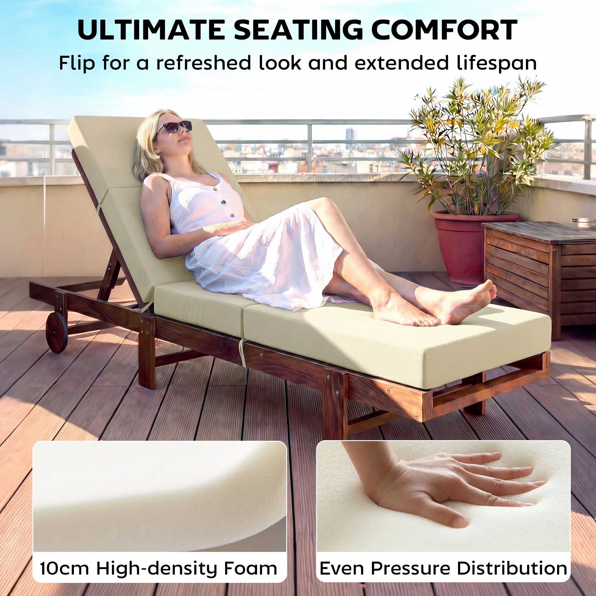 HONGGE Chaise Lounge Cushion 4" Thick Outdoor Chair Cushions with Ties for Patio