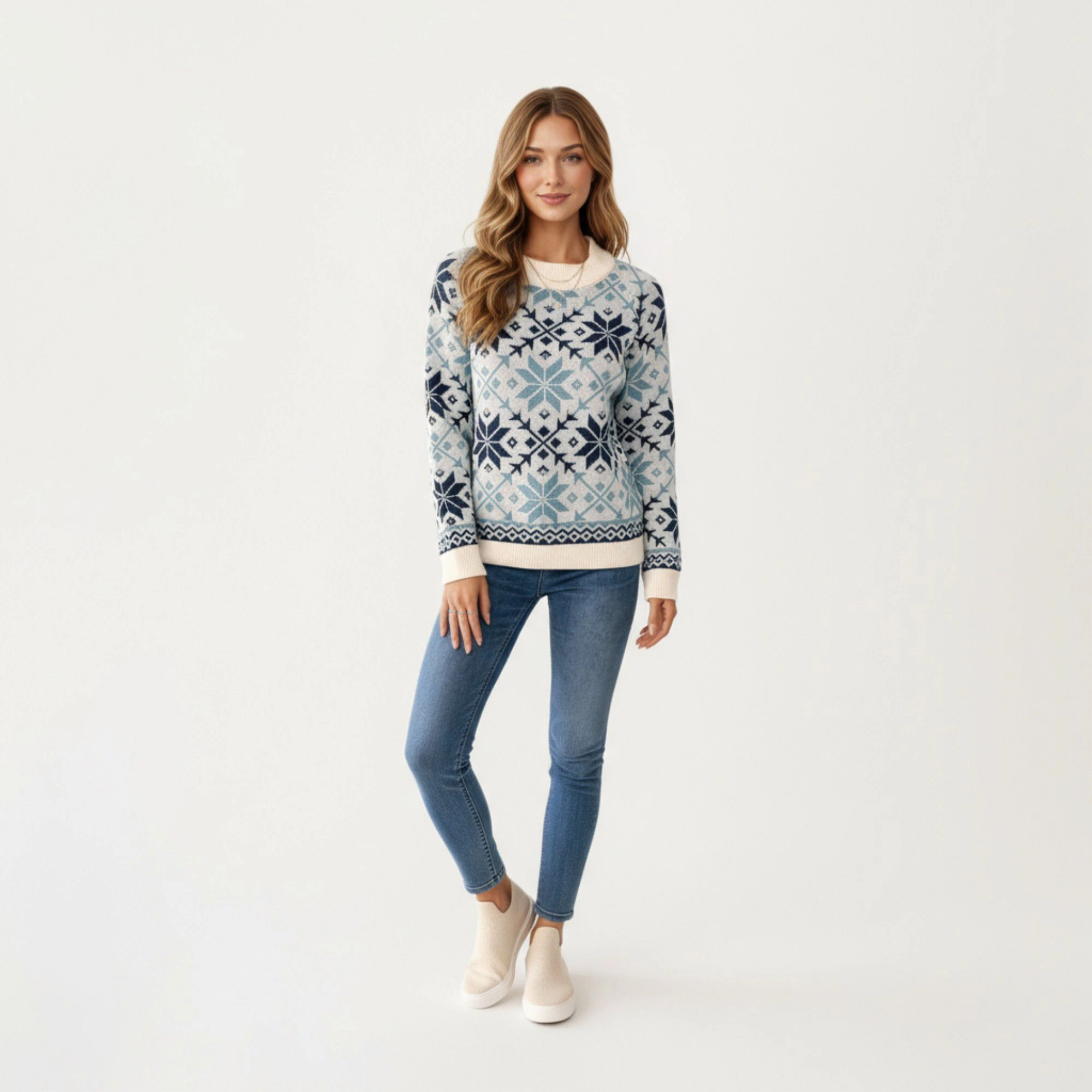 Anna-Kaci Women's Nordic Snowflake Crew Neck Ribbed Trim Knit Sweater