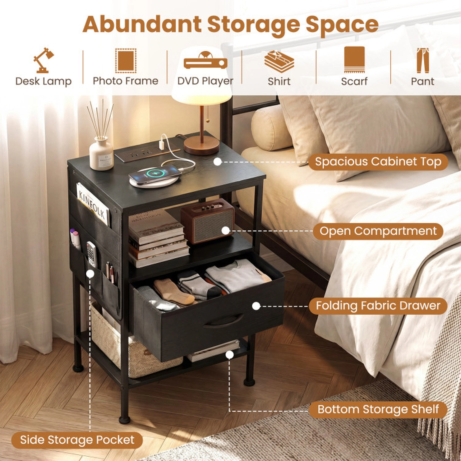 SUGIFT Nightstand Charging Station Modern Bedside Table 123.5-lb Tabletop Capacity 24.5-in Tall Rustic Brown & Black