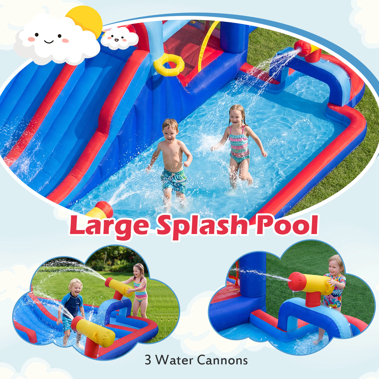 LJG Kids Inflatable Water Slide Park Giant Bounce House with Double Slides with 750W Blower