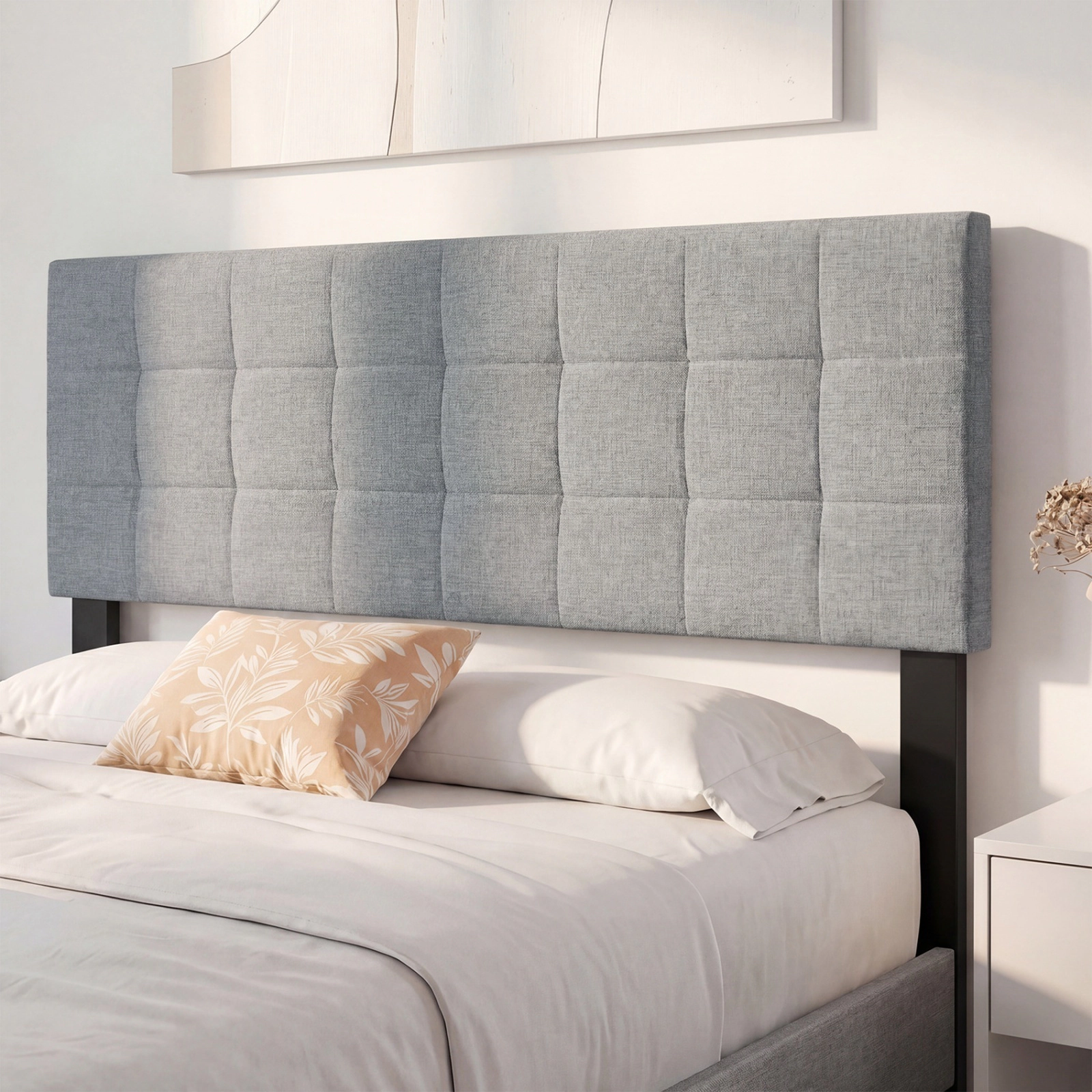 SUGIFT Quilted Grid Upholstered Headboard for Full and Queen Beds, Gray